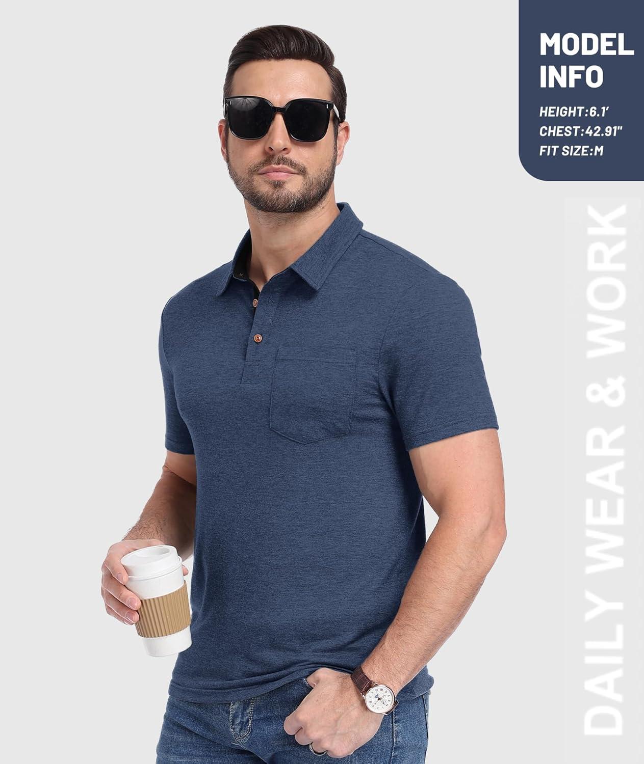 imageZITY 5 Pack Mens Polo Shirts with Pocket Short Sleeve Cotton Lightweight Casual Collared Shirts for Golf Business Daily WearSet a
