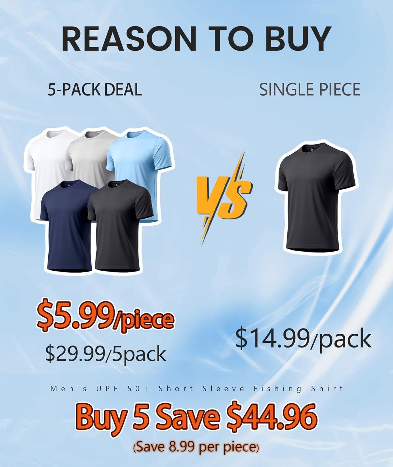 imageZITY 5 Packs Mens UPF 50 Sun Protection TShirts Workout Fishing Swimming Rash Guard Fast Dry Breathable ShirtDark Blue White Sky Blue Light Gray Black