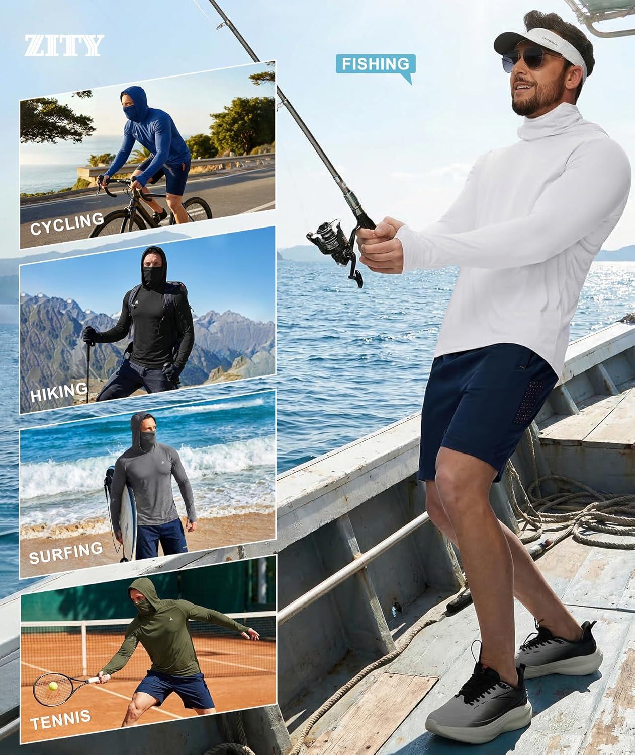 imageZITY Fishing Shirts for Men with Mask UPF 50 UV Sun Protection Rash Guard Long Sleeve HoodieBlack