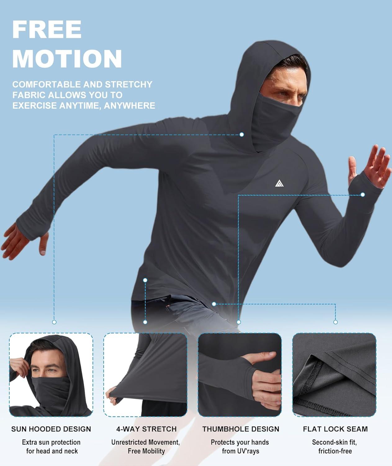 imageZITY Fishing Shirts for Men with Mask UPF 50 UV Sun Protection Rash Guard Long Sleeve HoodieDeep Grey