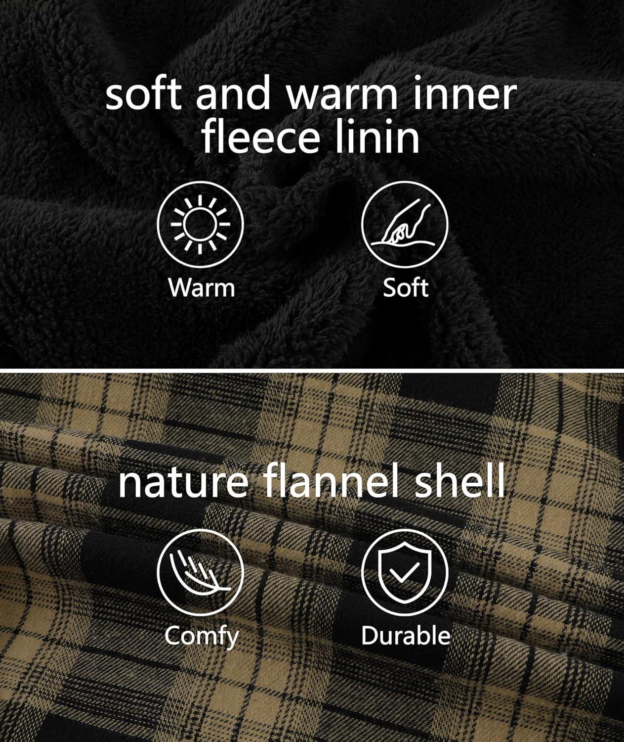 imageZITY Flannel Jacket for Men Fleece Plaid Shirts Hoodie Zip Up Sherpa Lined Winter Warm CoatBlack Beige