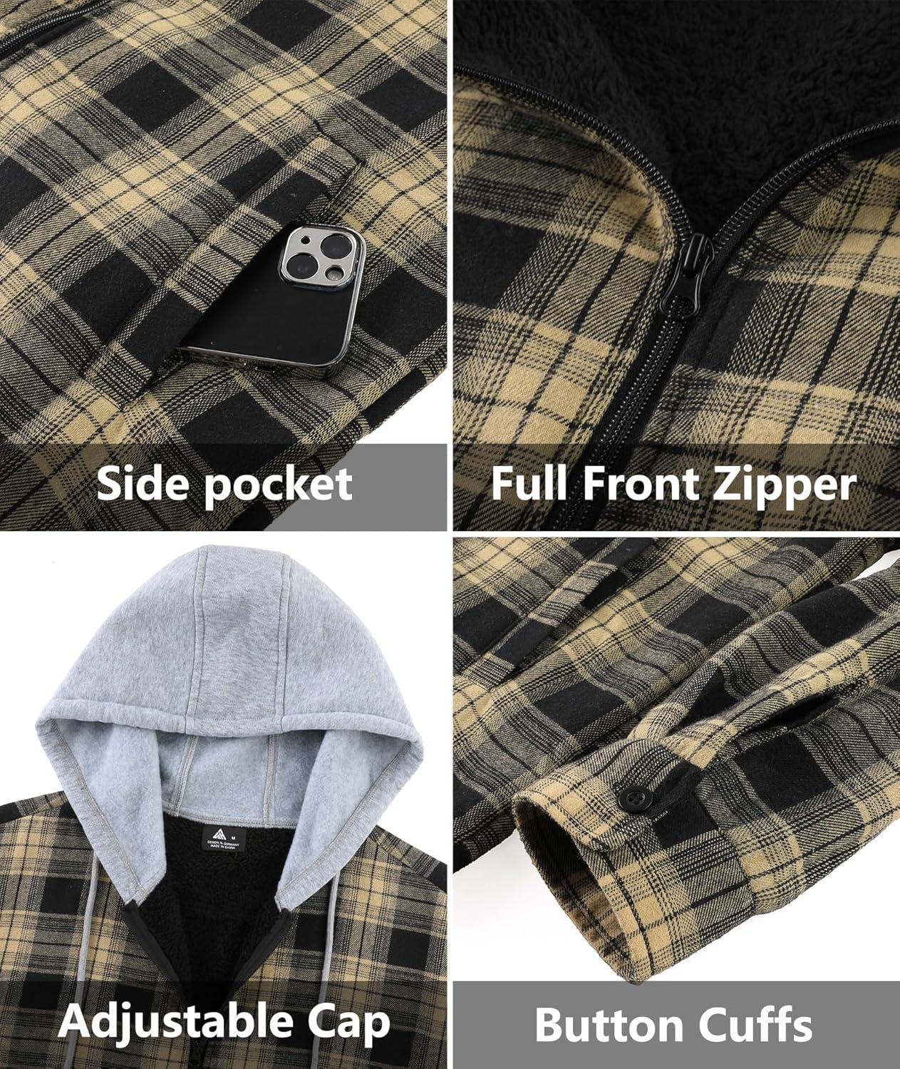 imageZITY Flannel Jacket for Men Fleece Plaid Shirts Hoodie Zip Up Sherpa Lined Winter Warm CoatBlack Beige