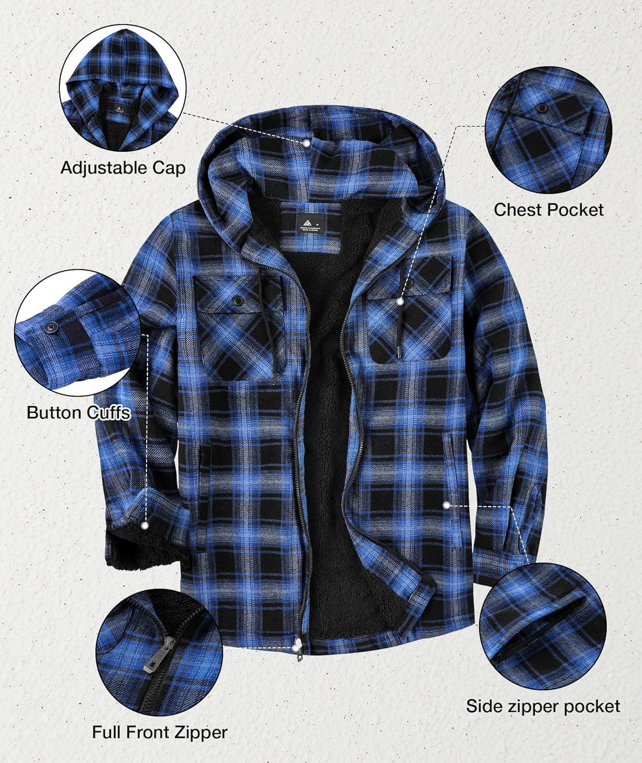 imageZITY Flannel Jacket for Men Fleece Plaid Shirts Hoodie Zip Up Sherpa Lined Winter Warm CoatBlack Blue