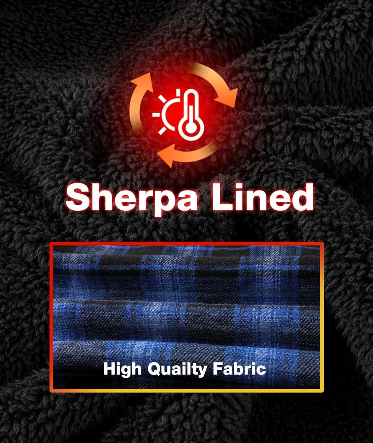 imageZITY Flannel Jacket for Men Fleece Plaid Shirts Hoodie Zip Up Sherpa Lined Winter Warm CoatBlack Blue