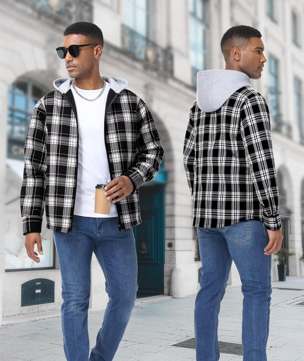 imageZITY Flannel Jacket for Men Fleece Plaid Shirts Hoodie Zip Up Sherpa Lined Winter Warm CoatBlack White
