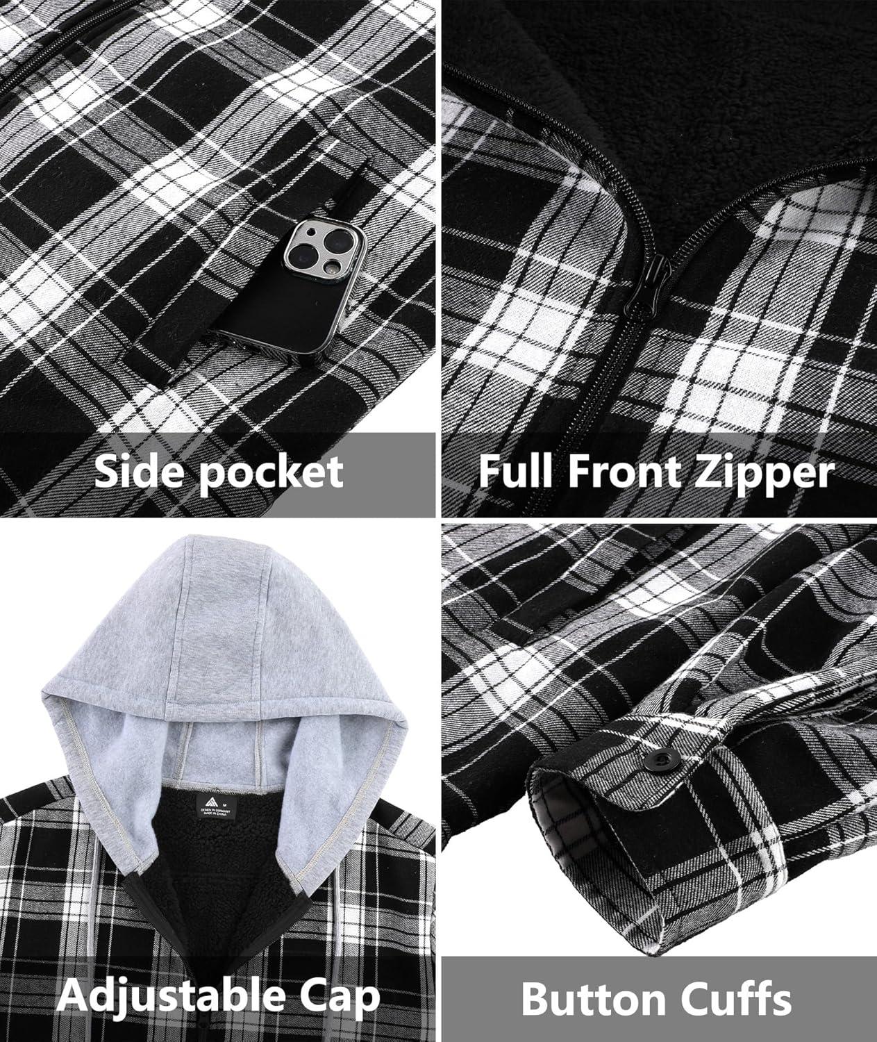 imageZITY Flannel Jacket for Men Fleece Plaid Shirts Hoodie Zip Up Sherpa Lined Winter Warm CoatBlack White