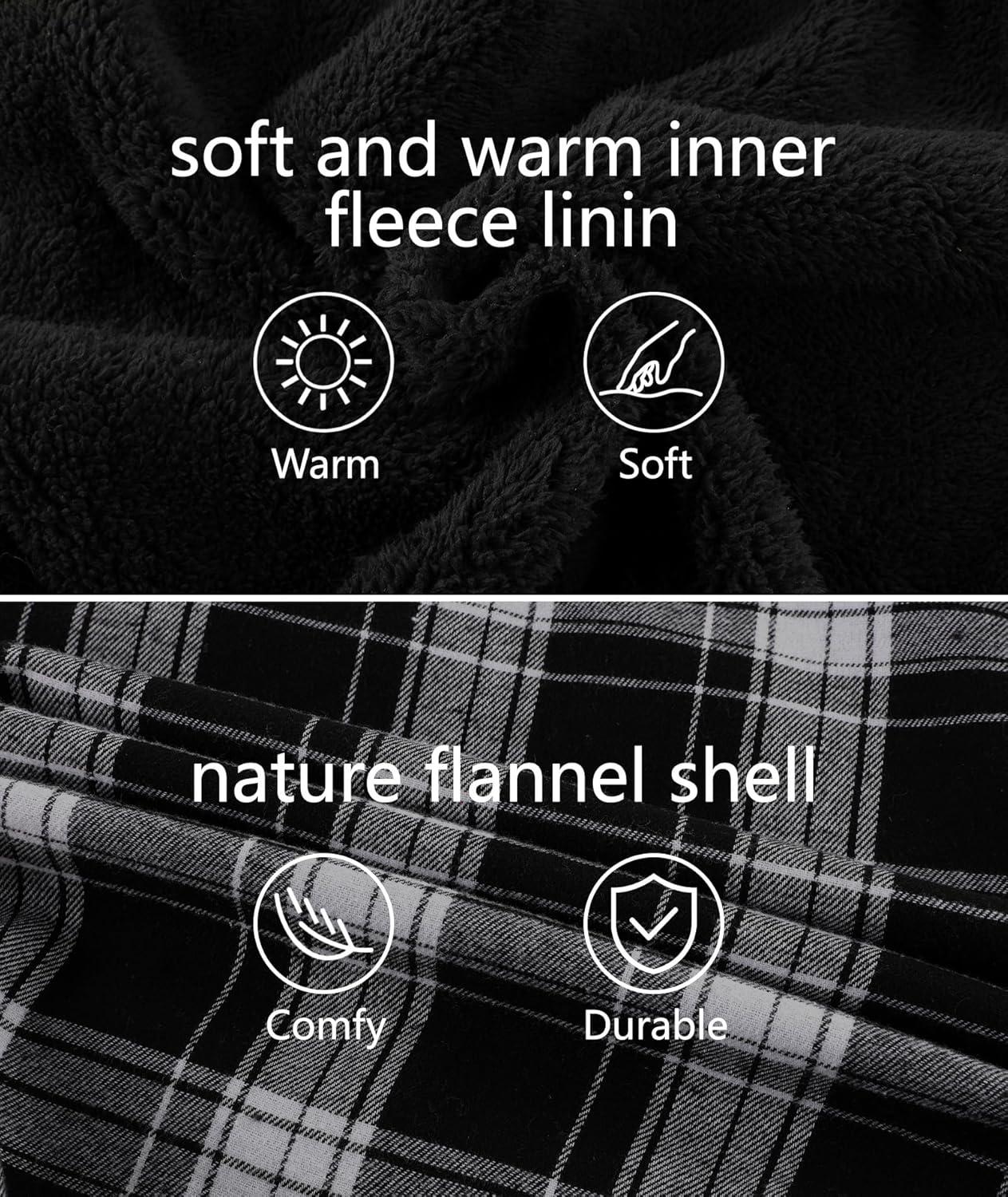 imageZITY Flannel Jacket for Men Fleece Plaid Shirts Hoodie Zip Up Sherpa Lined Winter Warm CoatBlack White