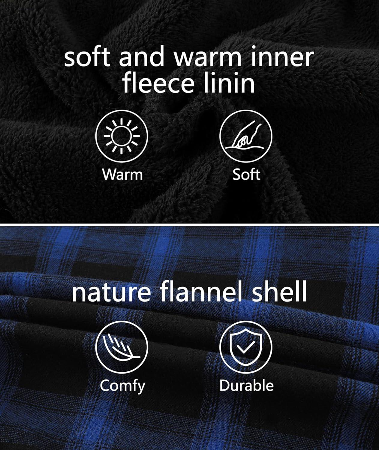 imageZITY Flannel Jacket for Men Fleece Plaid Shirts Hoodie Zip Up Sherpa Lined Winter Warm CoatBlue Black