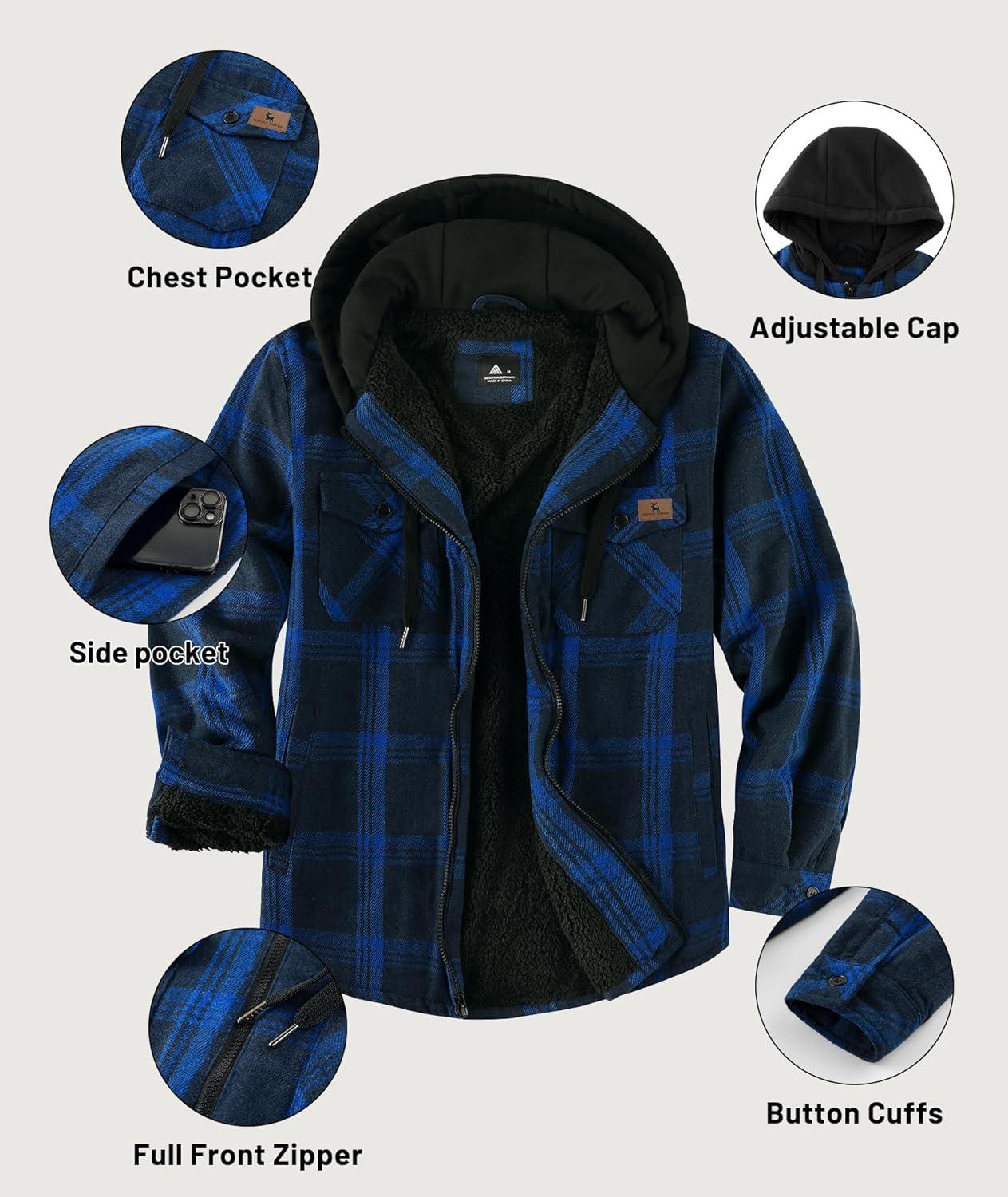 imageZITY Flannel Jacket for Men Fleece Plaid Shirts Hoodie Zip Up Sherpa Lined Winter Warm CoatBlue Navy