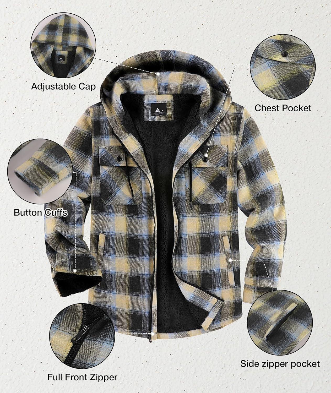 imageZITY Flannel Jacket for Men Fleece Plaid Shirts Hoodie Zip Up Sherpa Lined Winter Warm CoatBlue Yellow