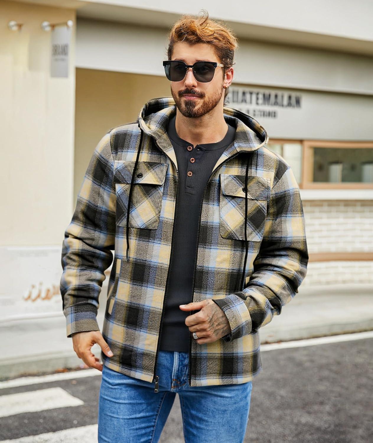 imageZITY Flannel Jacket for Men Fleece Plaid Shirts Hoodie Zip Up Sherpa Lined Winter Warm CoatBlue Yellow