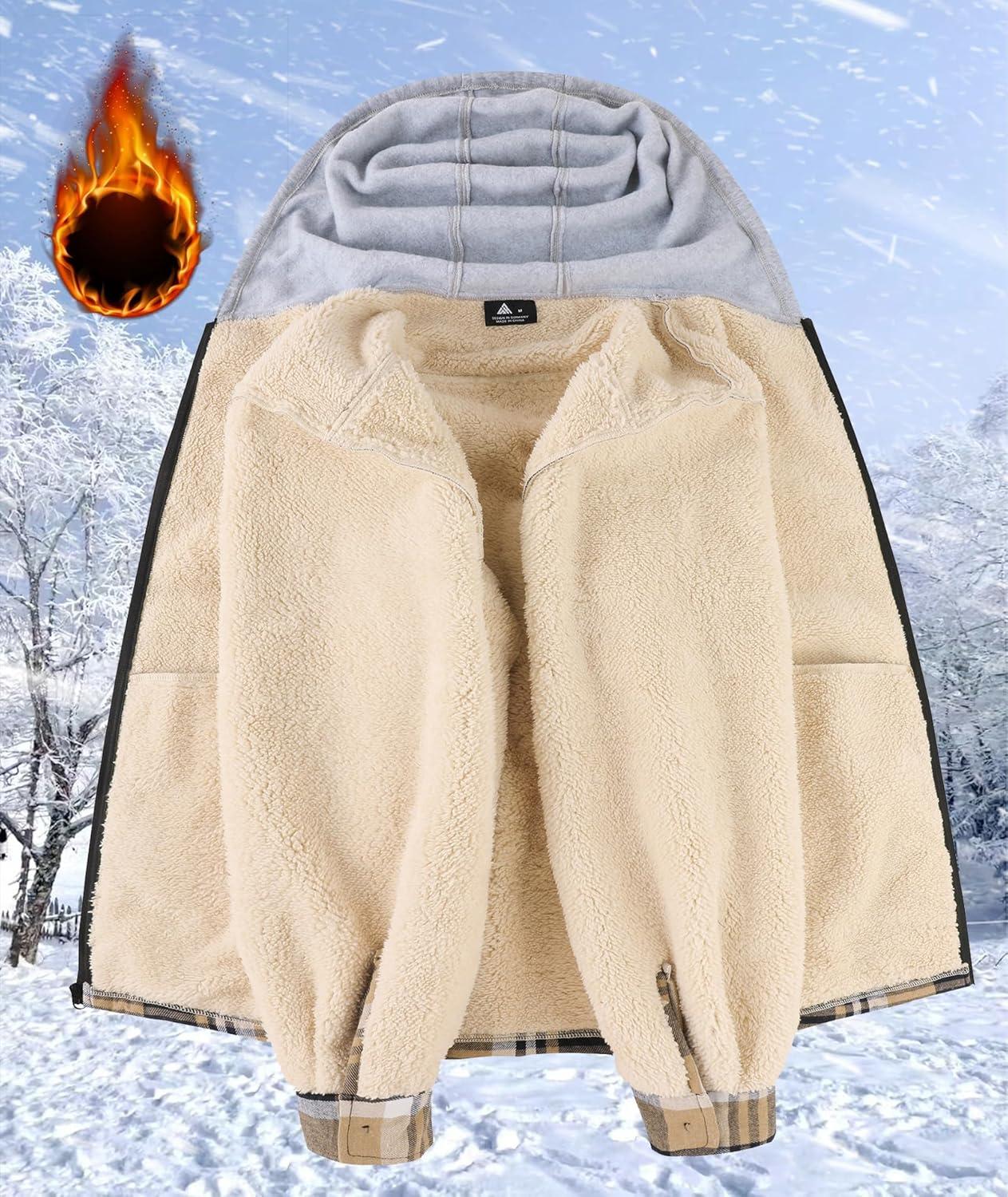 imageZITY Flannel Jacket for Men Fleece Plaid Shirts Hoodie Zip Up Sherpa Lined Winter Warm CoatDark Blue Beige