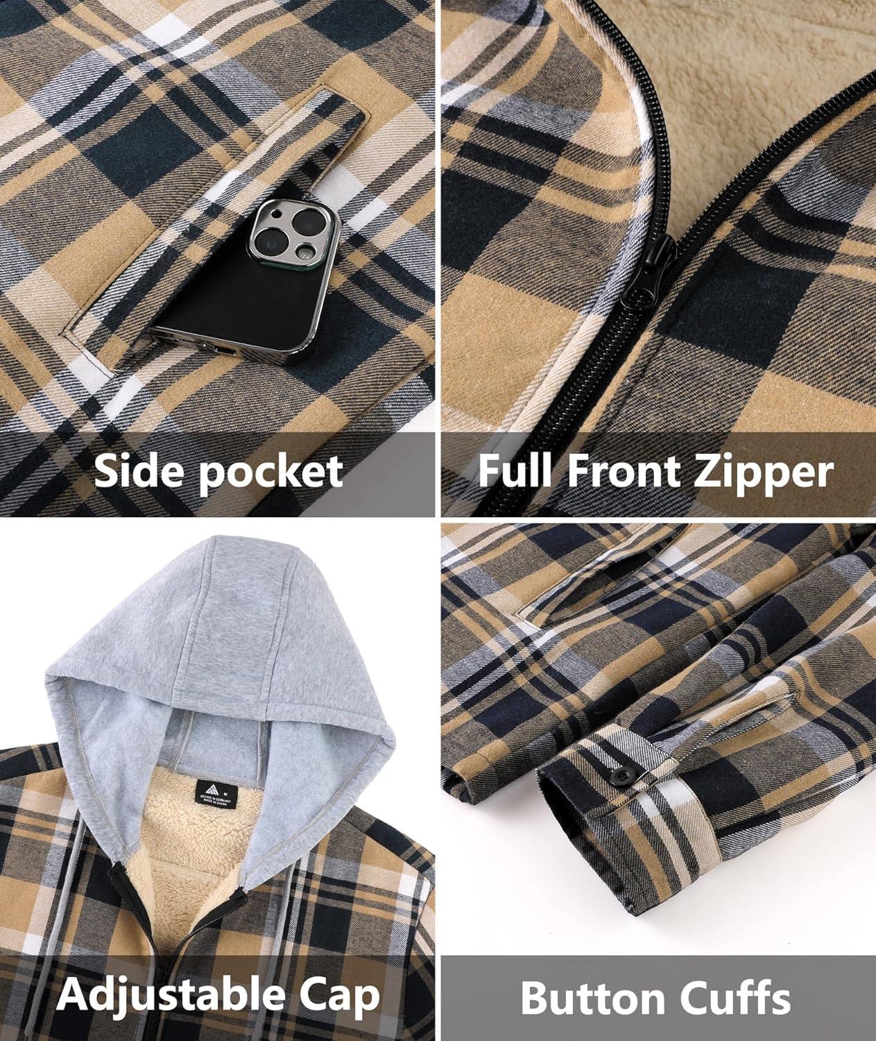 imageZITY Flannel Jacket for Men Fleece Plaid Shirts Hoodie Zip Up Sherpa Lined Winter Warm CoatDark Blue Beige