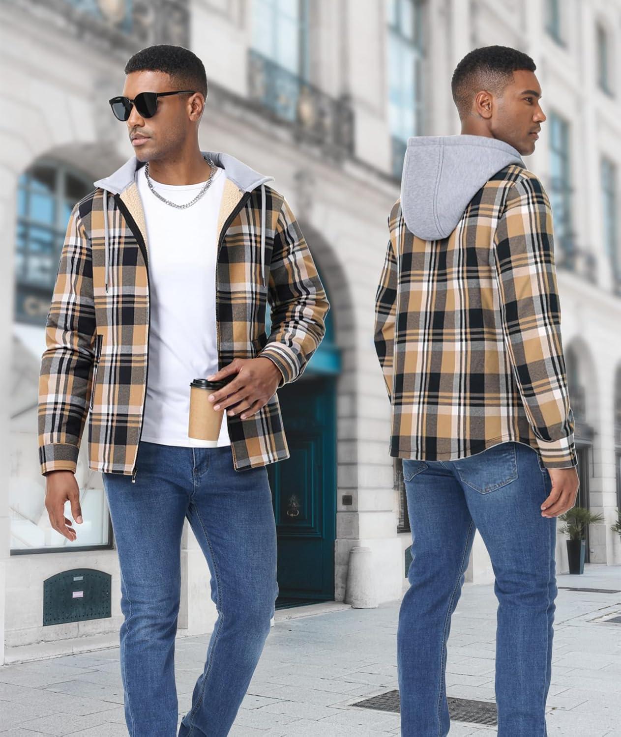 imageZITY Flannel Jacket for Men Fleece Plaid Shirts Hoodie Zip Up Sherpa Lined Winter Warm CoatDark Blue Beige