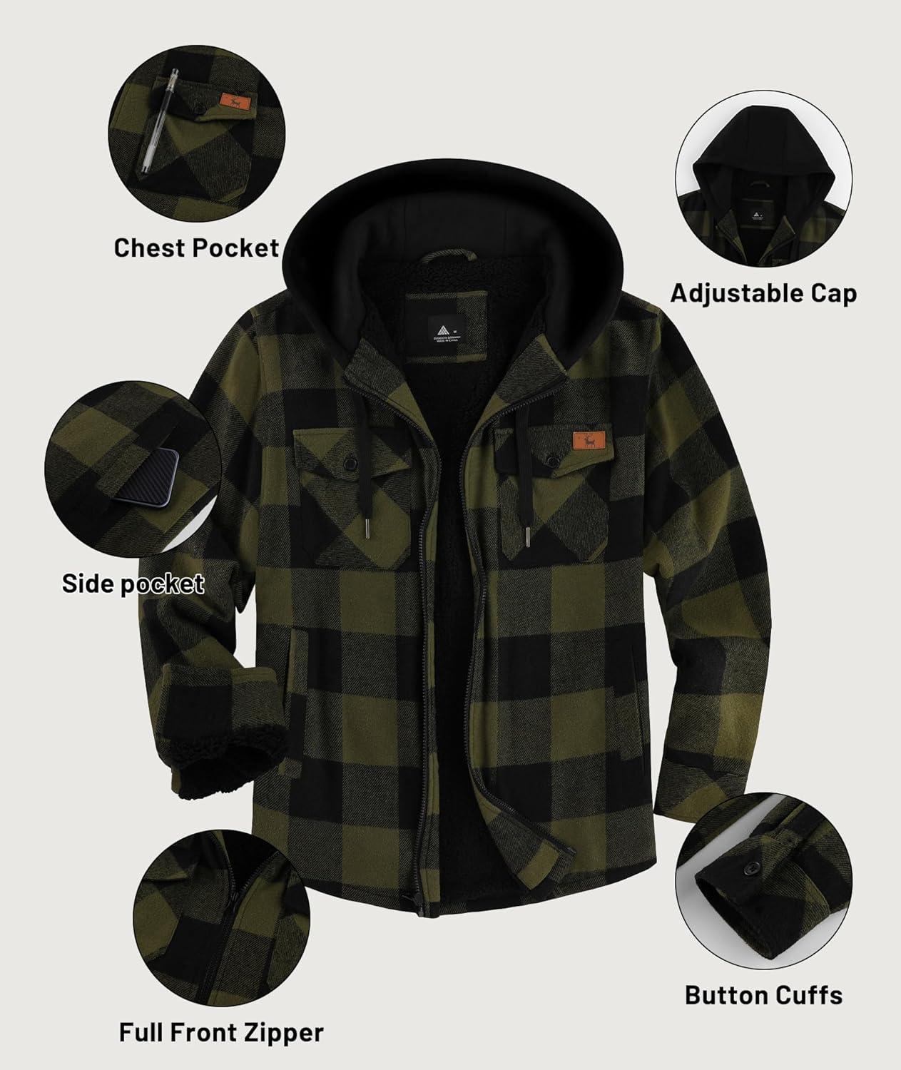 imageZITY Flannel Jacket for Men Fleece Plaid Shirts Hoodie Zip Up Sherpa Lined Winter Warm CoatDark Green