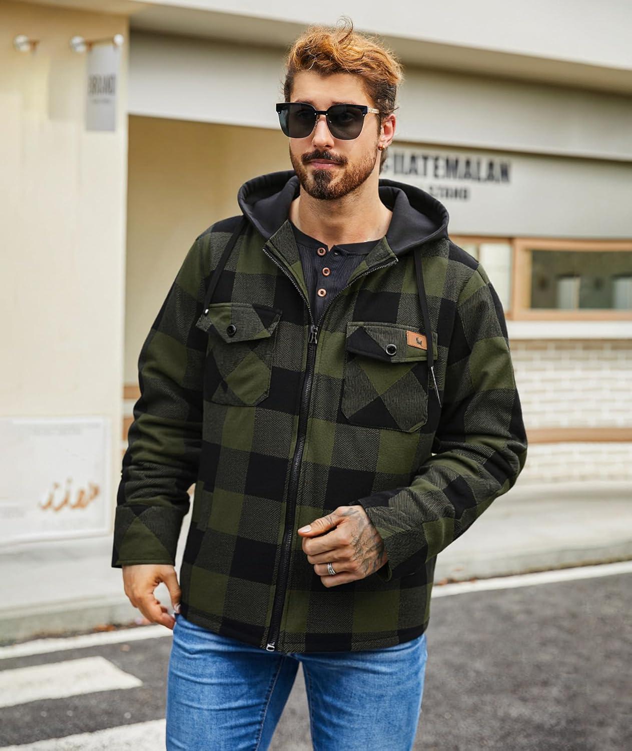 imageZITY Flannel Jacket for Men Fleece Plaid Shirts Hoodie Zip Up Sherpa Lined Winter Warm CoatDark Green