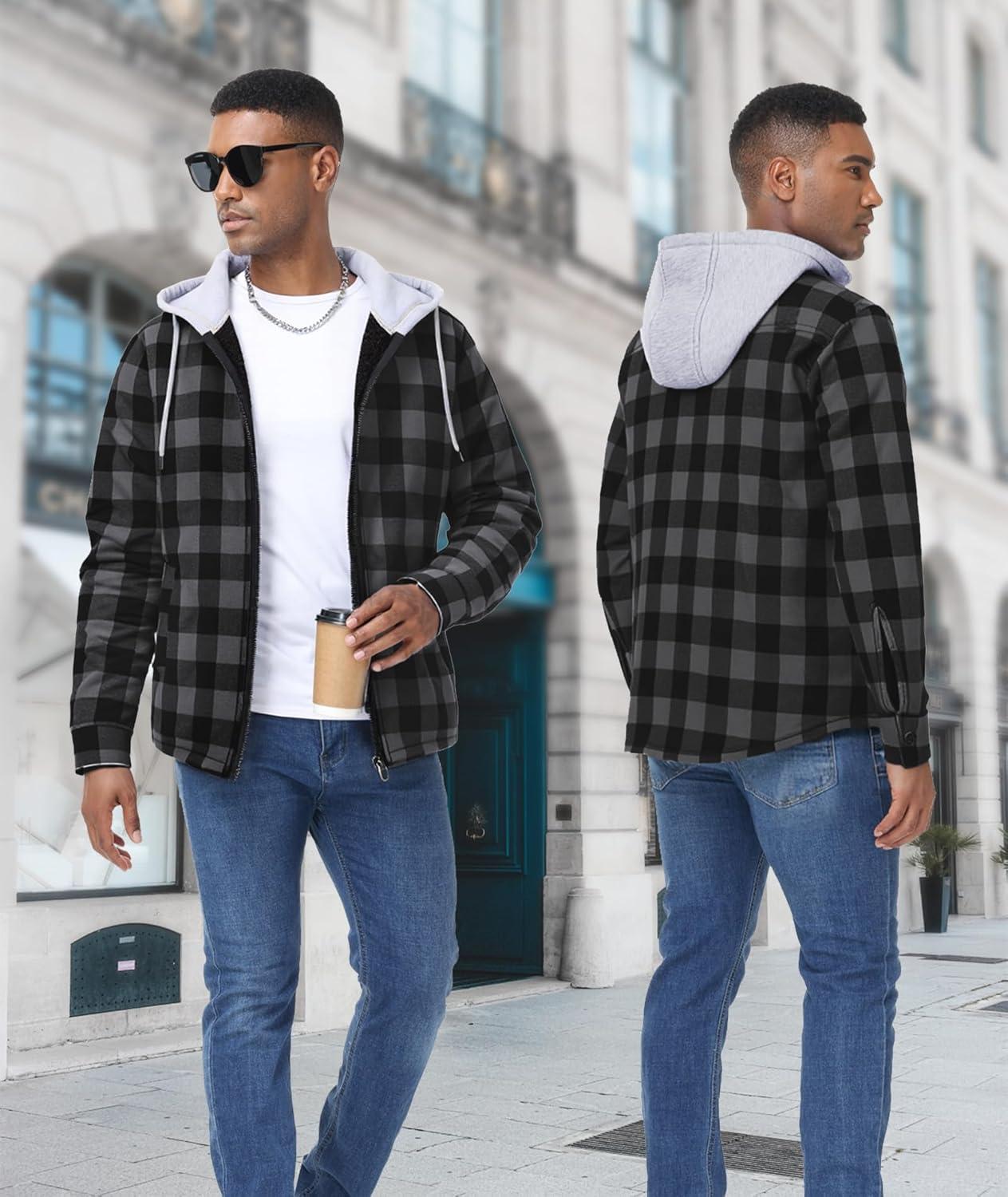 imageZITY Flannel Jacket for Men Fleece Plaid Shirts Hoodie Zip Up Sherpa Lined Winter Warm CoatDark Grey