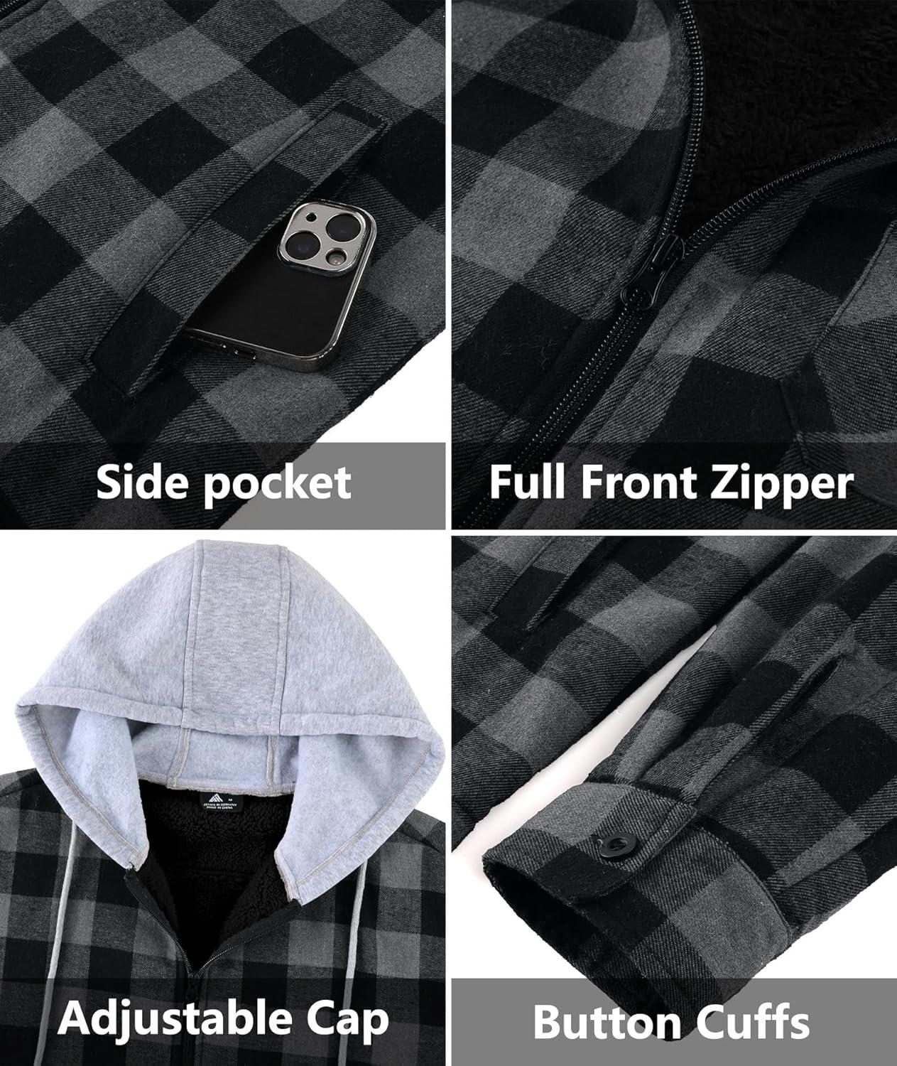 imageZITY Flannel Jacket for Men Fleece Plaid Shirts Hoodie Zip Up Sherpa Lined Winter Warm CoatDark Grey