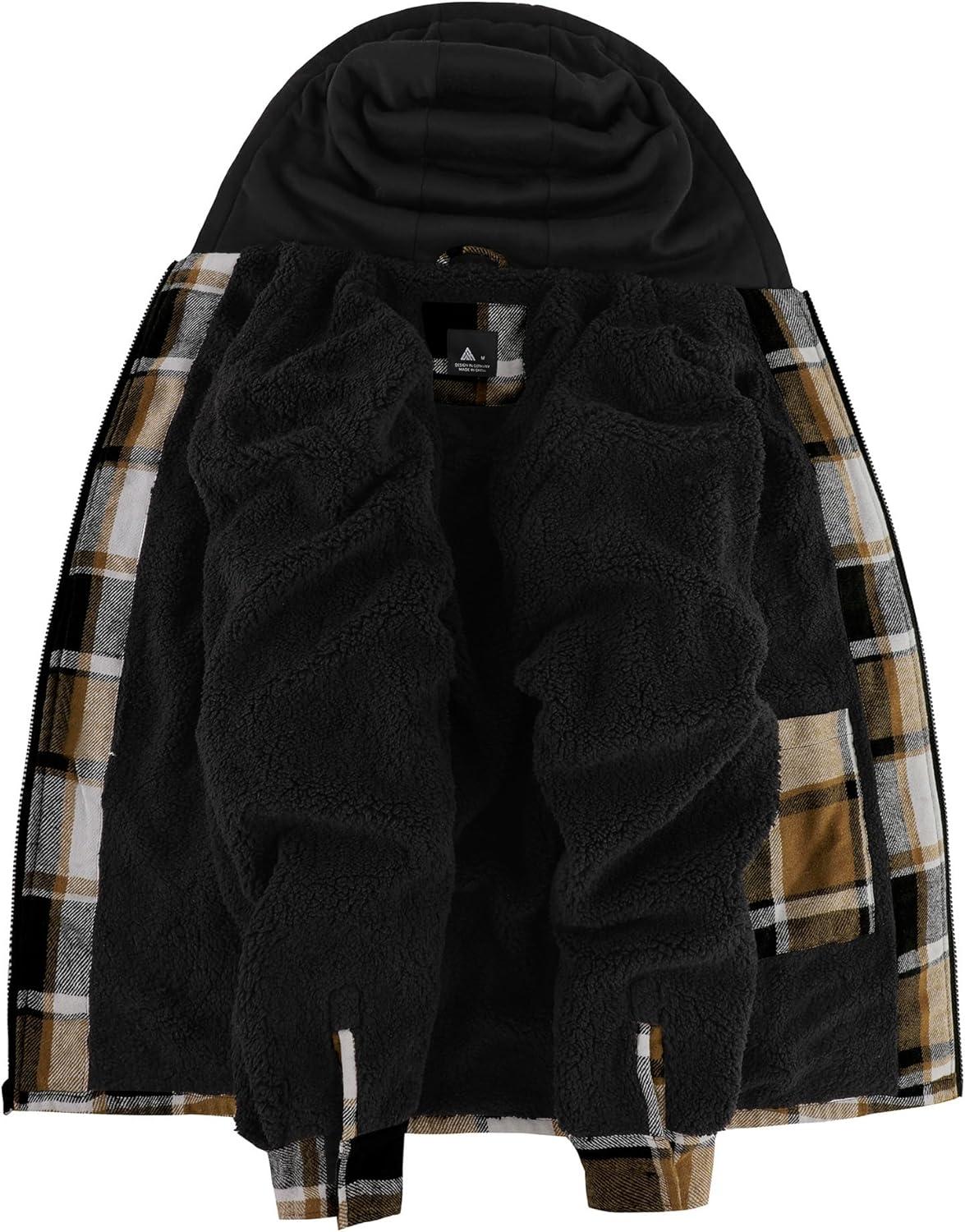 imageZITY Flannel Jacket for Men Fleece Plaid Shirts Hoodie Zip Up Sherpa Lined Winter Warm CoatKhaki Brown