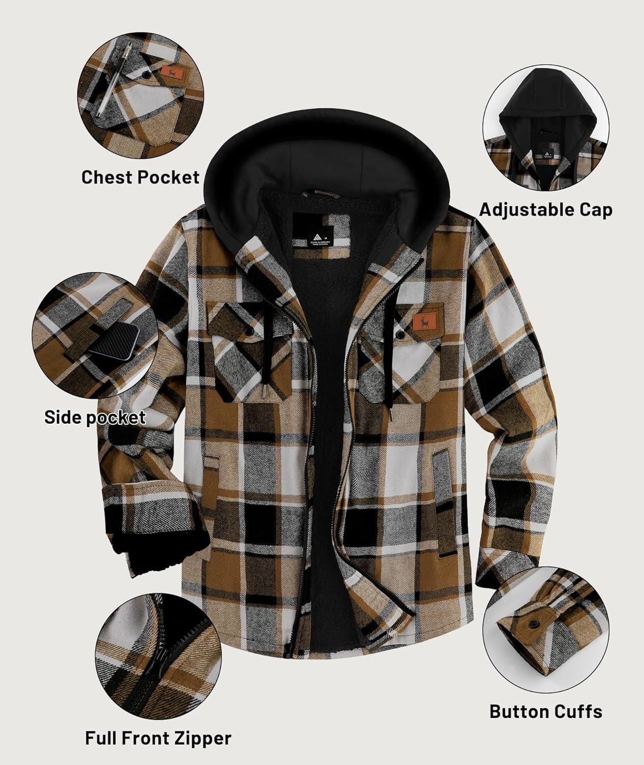 imageZITY Flannel Jacket for Men Fleece Plaid Shirts Hoodie Zip Up Sherpa Lined Winter Warm CoatKhaki Brown