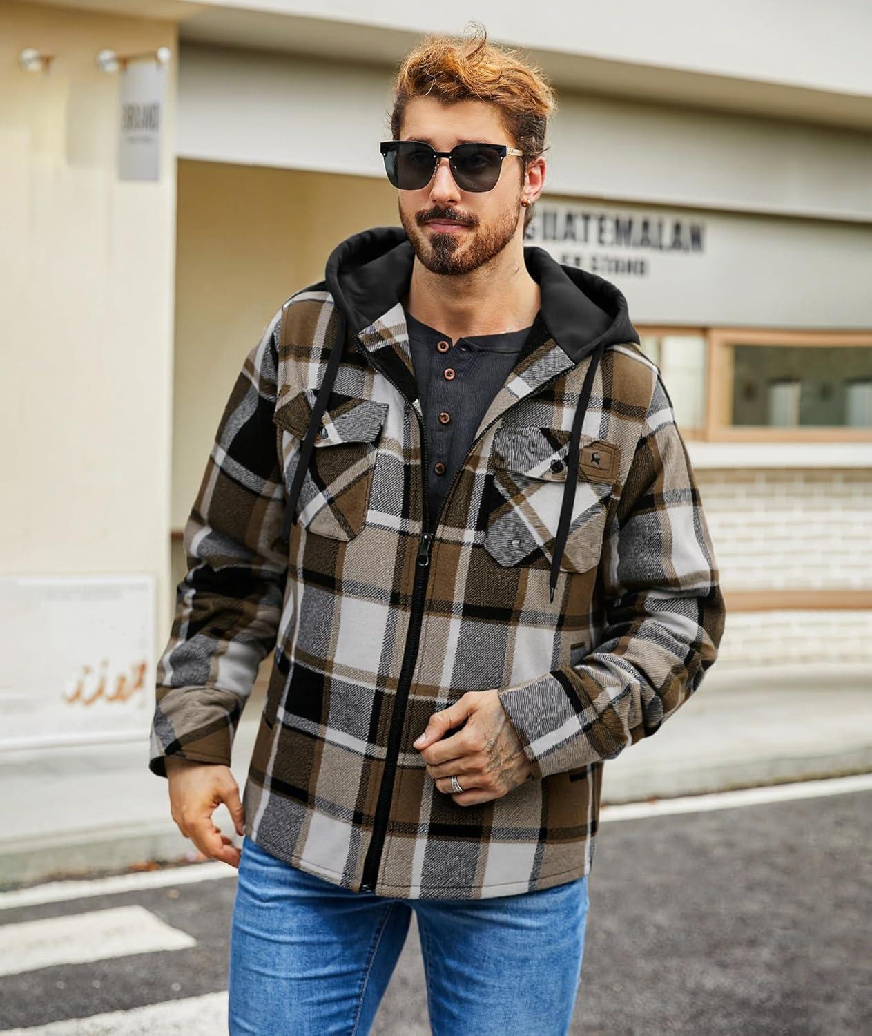 imageZITY Flannel Jacket for Men Fleece Plaid Shirts Hoodie Zip Up Sherpa Lined Winter Warm CoatKhaki Brown