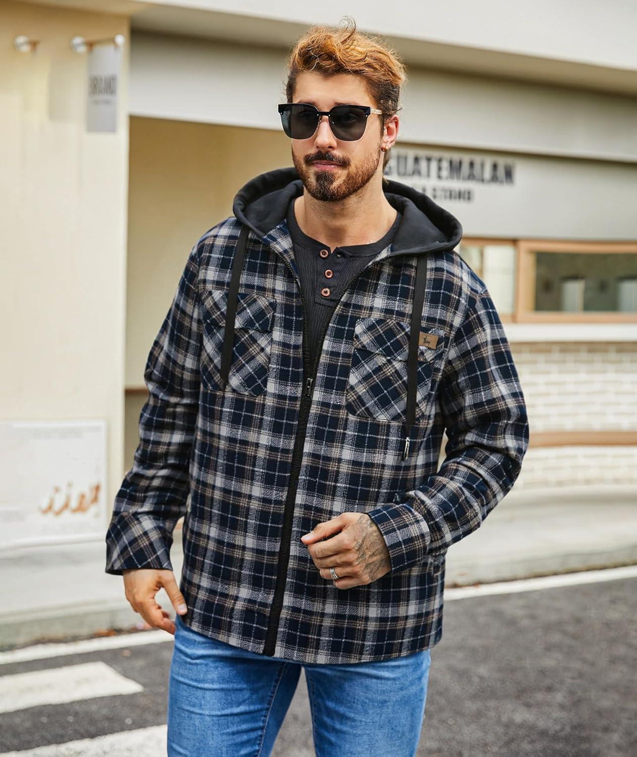 imageZITY Flannel Jacket for Men Fleece Plaid Shirts Hoodie Zip Up Sherpa Lined Winter Warm CoatNavy Black