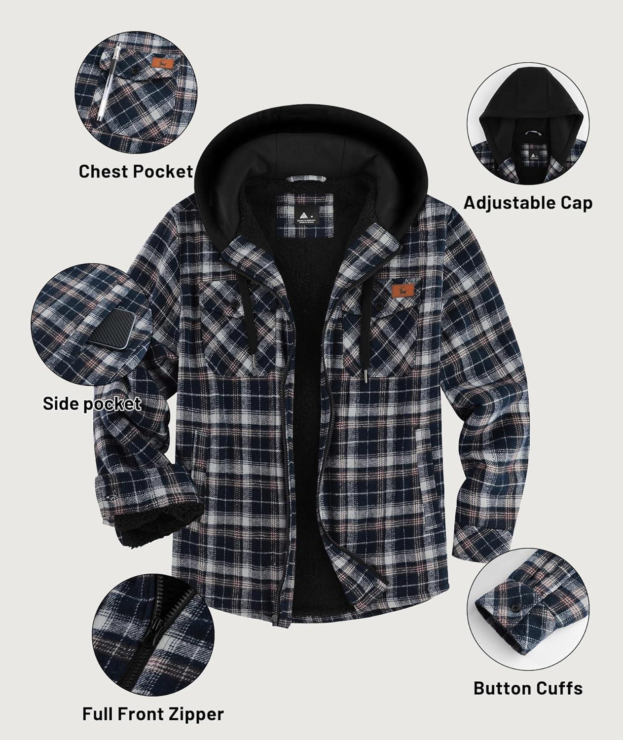 imageZITY Flannel Jacket for Men Fleece Plaid Shirts Hoodie Zip Up Sherpa Lined Winter Warm CoatNavy Black