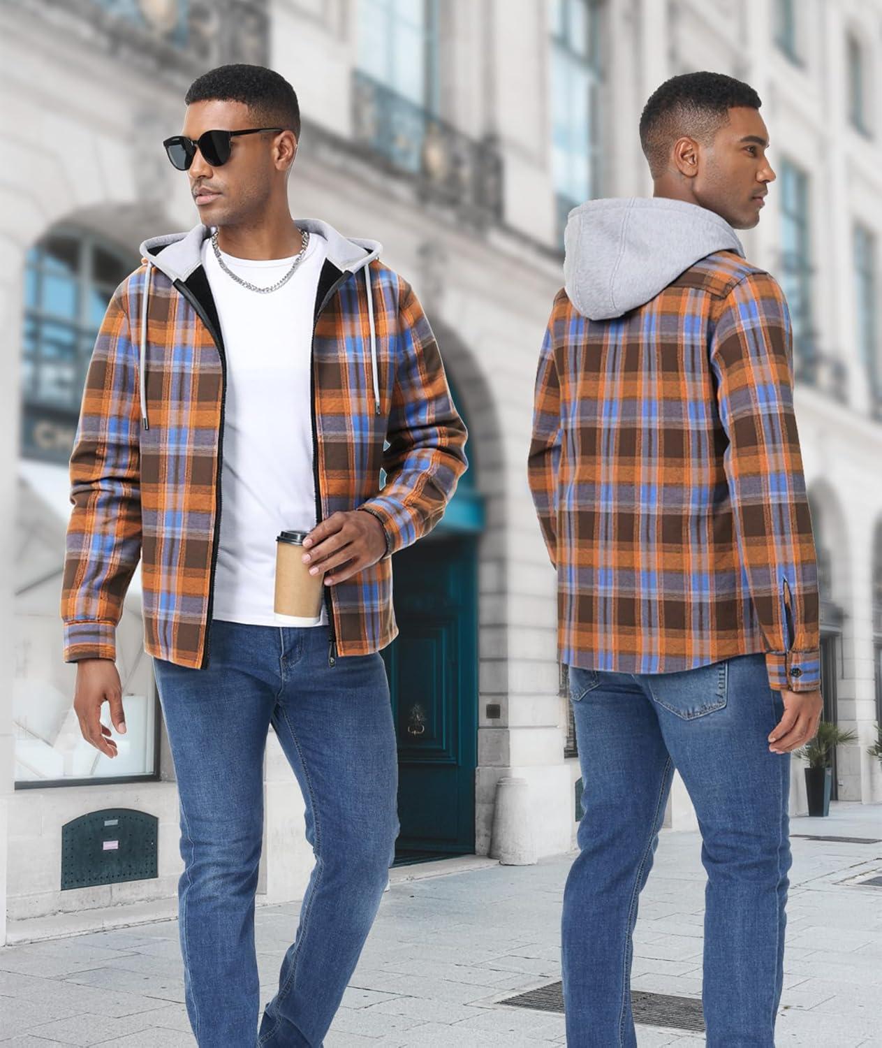 imageZITY Flannel Jacket for Men Fleece Plaid Shirts Hoodie Zip Up Sherpa Lined Winter Warm CoatOrange Blue