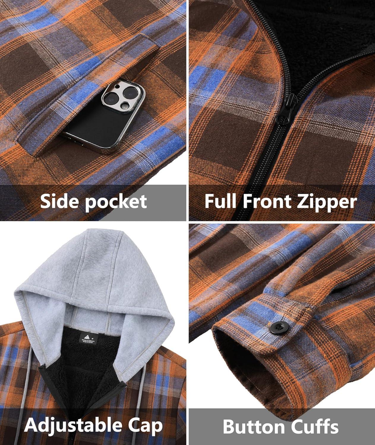 imageZITY Flannel Jacket for Men Fleece Plaid Shirts Hoodie Zip Up Sherpa Lined Winter Warm CoatOrange Blue