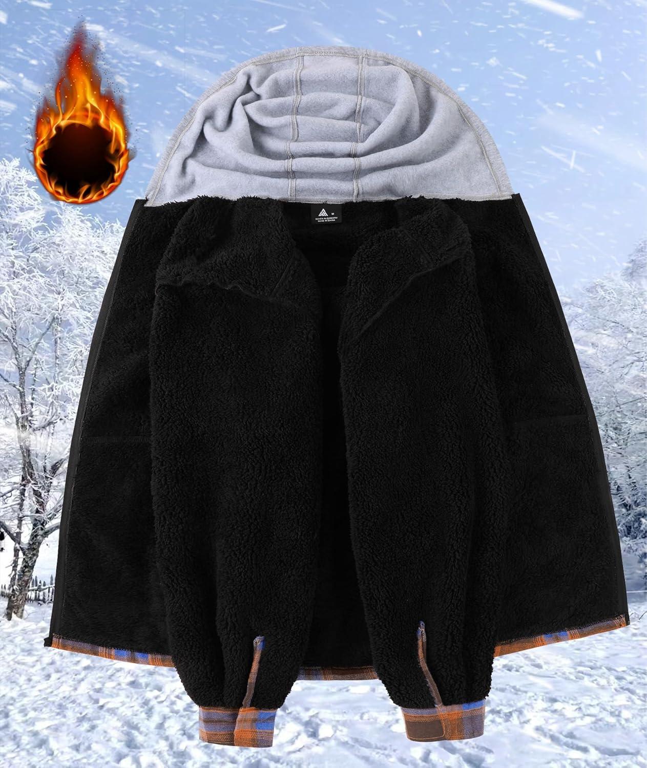 imageZITY Flannel Jacket for Men Fleece Plaid Shirts Hoodie Zip Up Sherpa Lined Winter Warm CoatOrange Blue