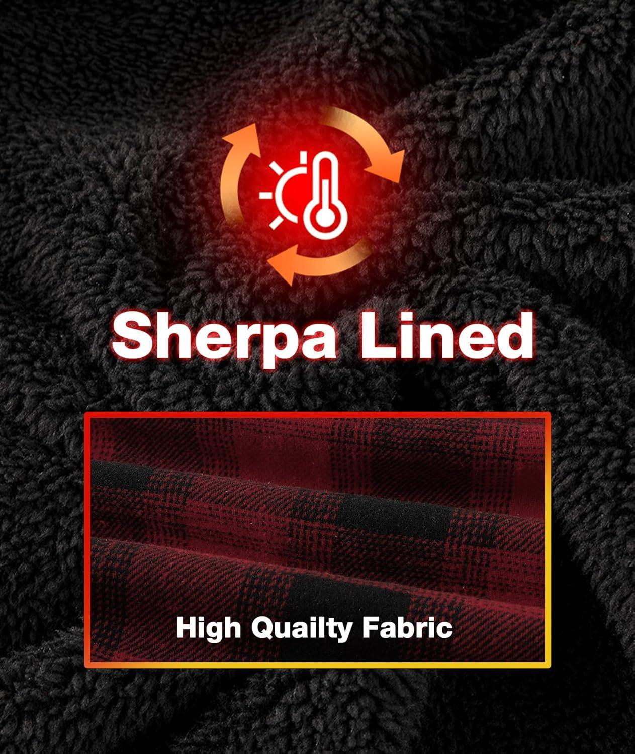 imageZITY Flannel Jacket for Men Fleece Plaid Shirts Hoodie Zip Up Sherpa Lined Winter Warm CoatRed Black