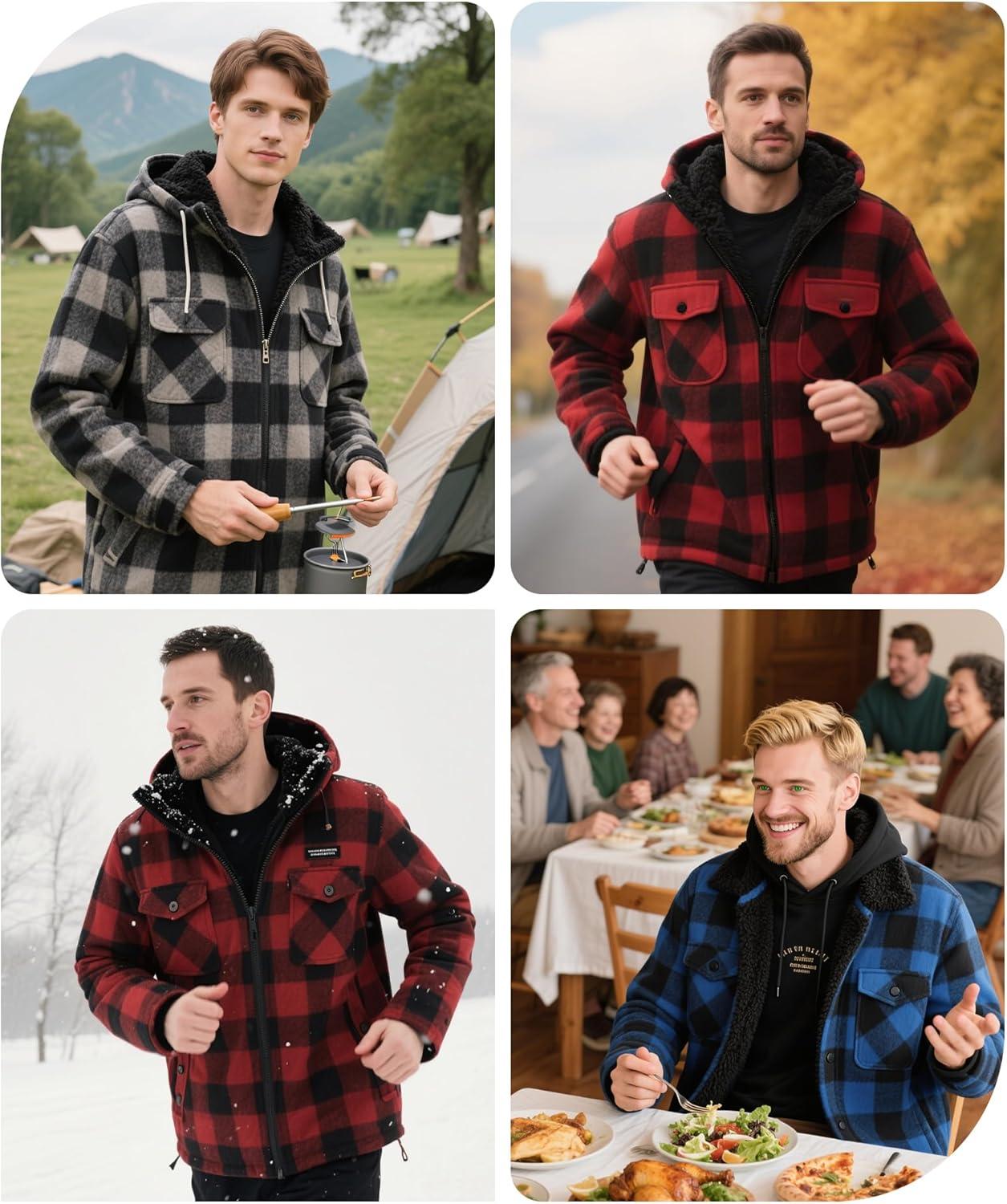 imageZITY Flannel Jacket for Men Fleece Plaid Shirts Hoodie Zip Up Sherpa Lined Winter Warm CoatRed Black