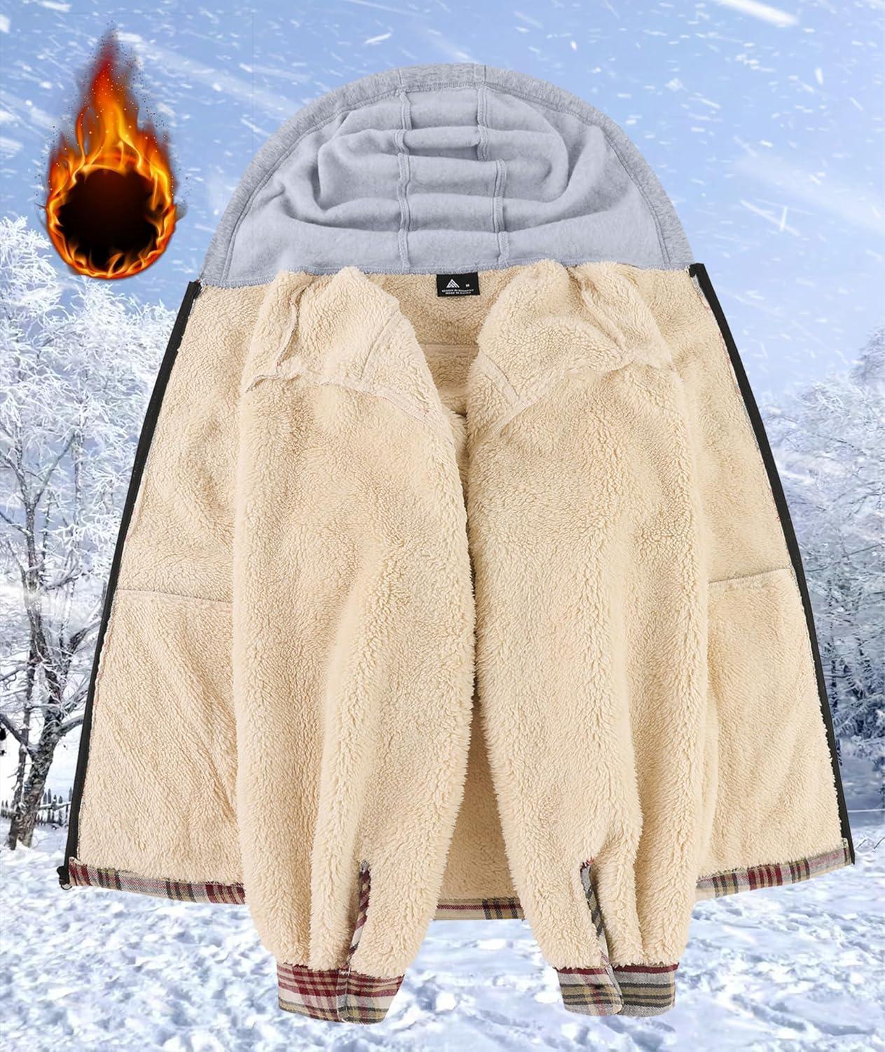 imageZITY Flannel Jacket for Men Fleece Plaid Shirts Hoodie Zip Up Sherpa Lined Winter Warm CoatWine Red Beige