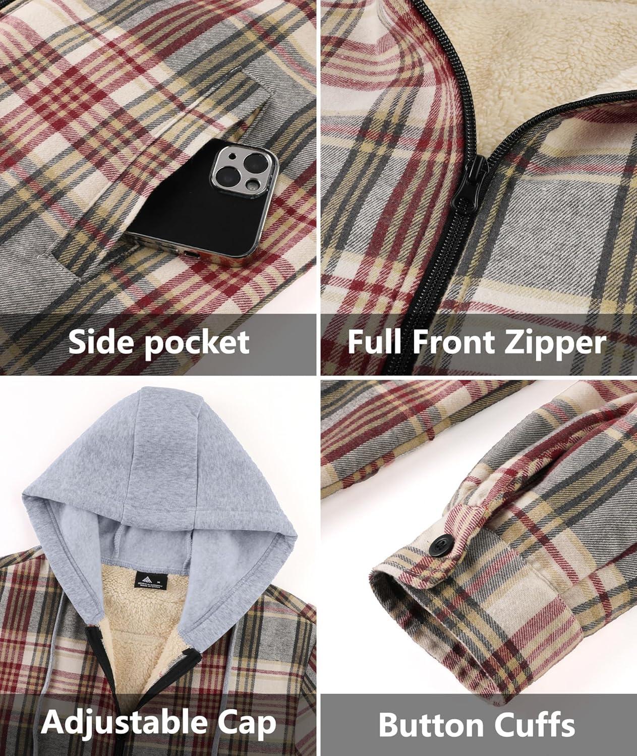 imageZITY Flannel Jacket for Men Fleece Plaid Shirts Hoodie Zip Up Sherpa Lined Winter Warm CoatWine Red Beige