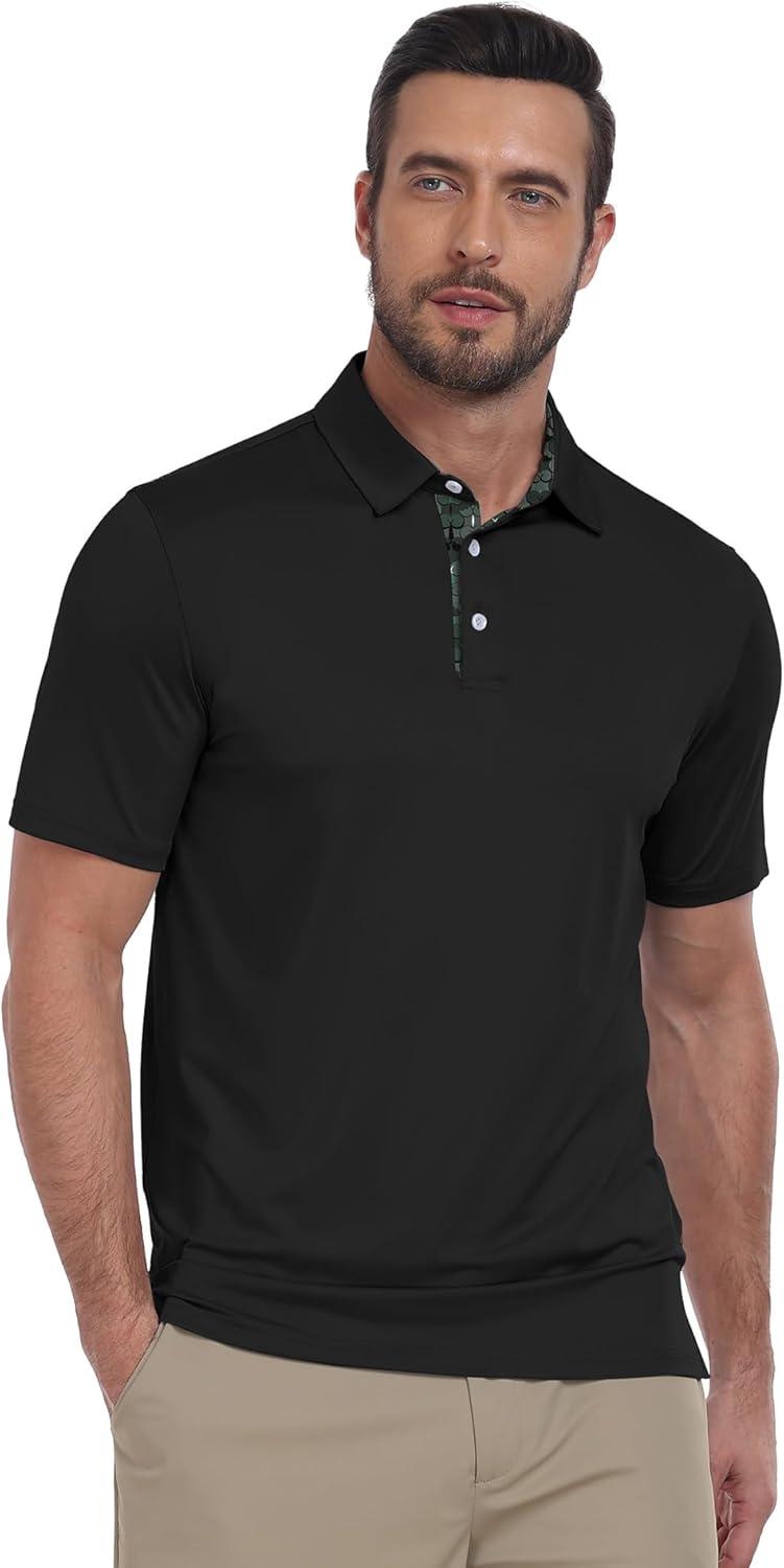 imageZITY Golf Shirts for Men Short Sleeve Moisture Wicking Solid Performance Designed Print Collared Casual Polo ShirtBlack