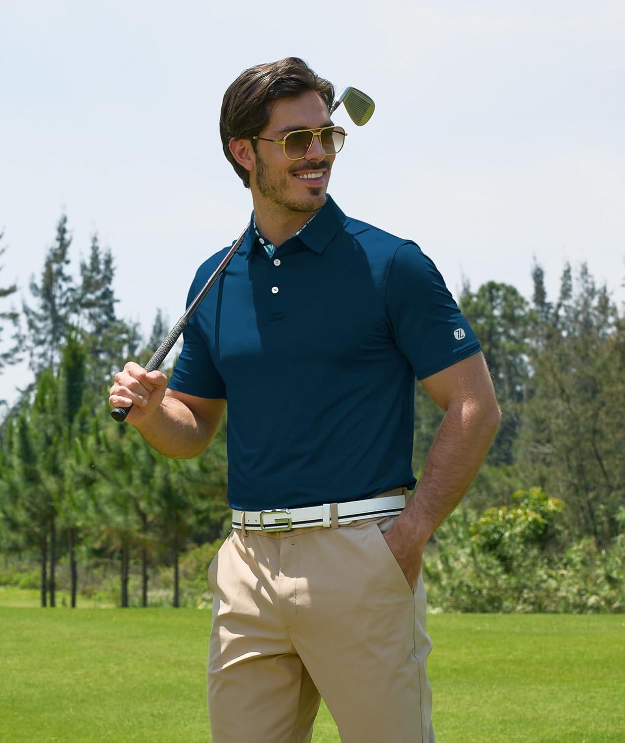 imageZITY Golf Shirts for Men Short Sleeve Moisture Wicking Solid Performance Designed Print Collared Casual Polo ShirtBlue