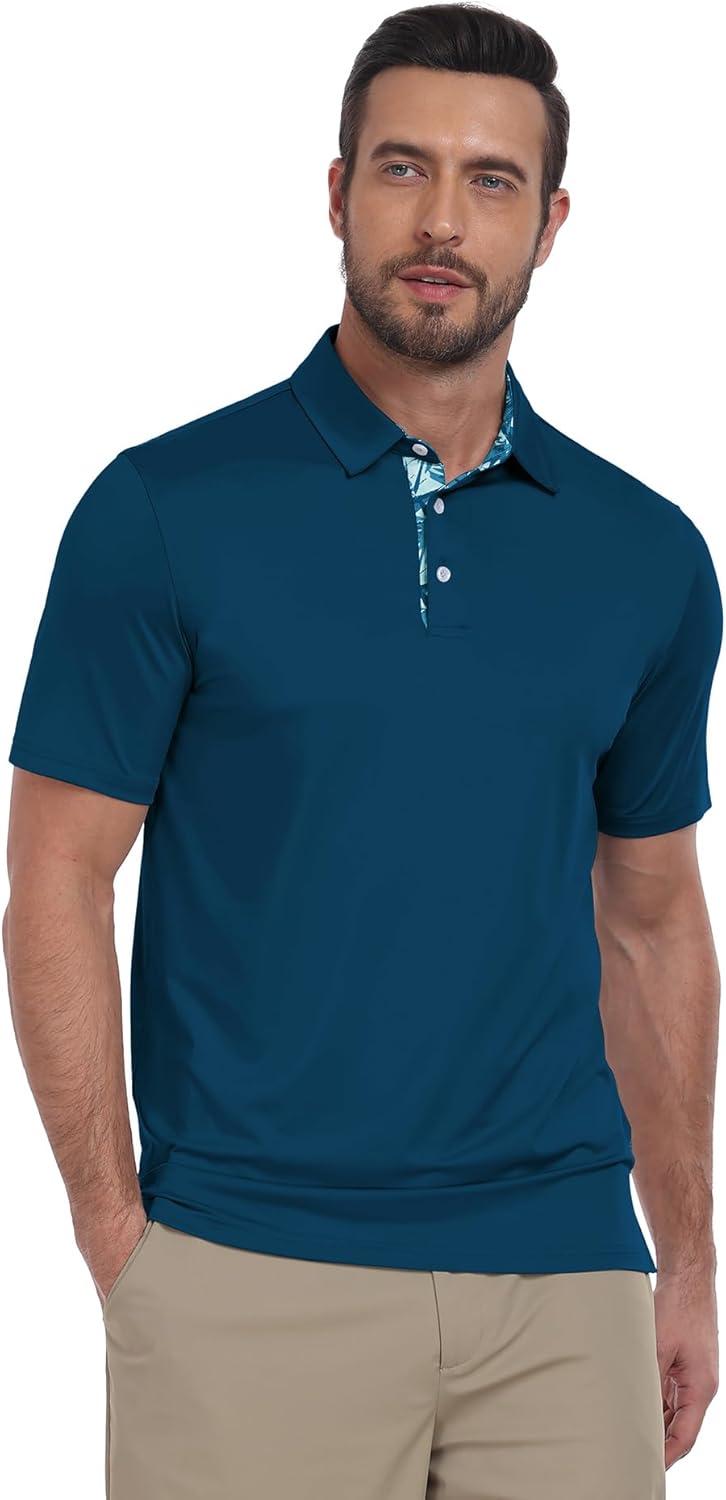 imageZITY Golf Shirts for Men Short Sleeve Moisture Wicking Solid Performance Designed Print Collared Casual Polo ShirtBlue
