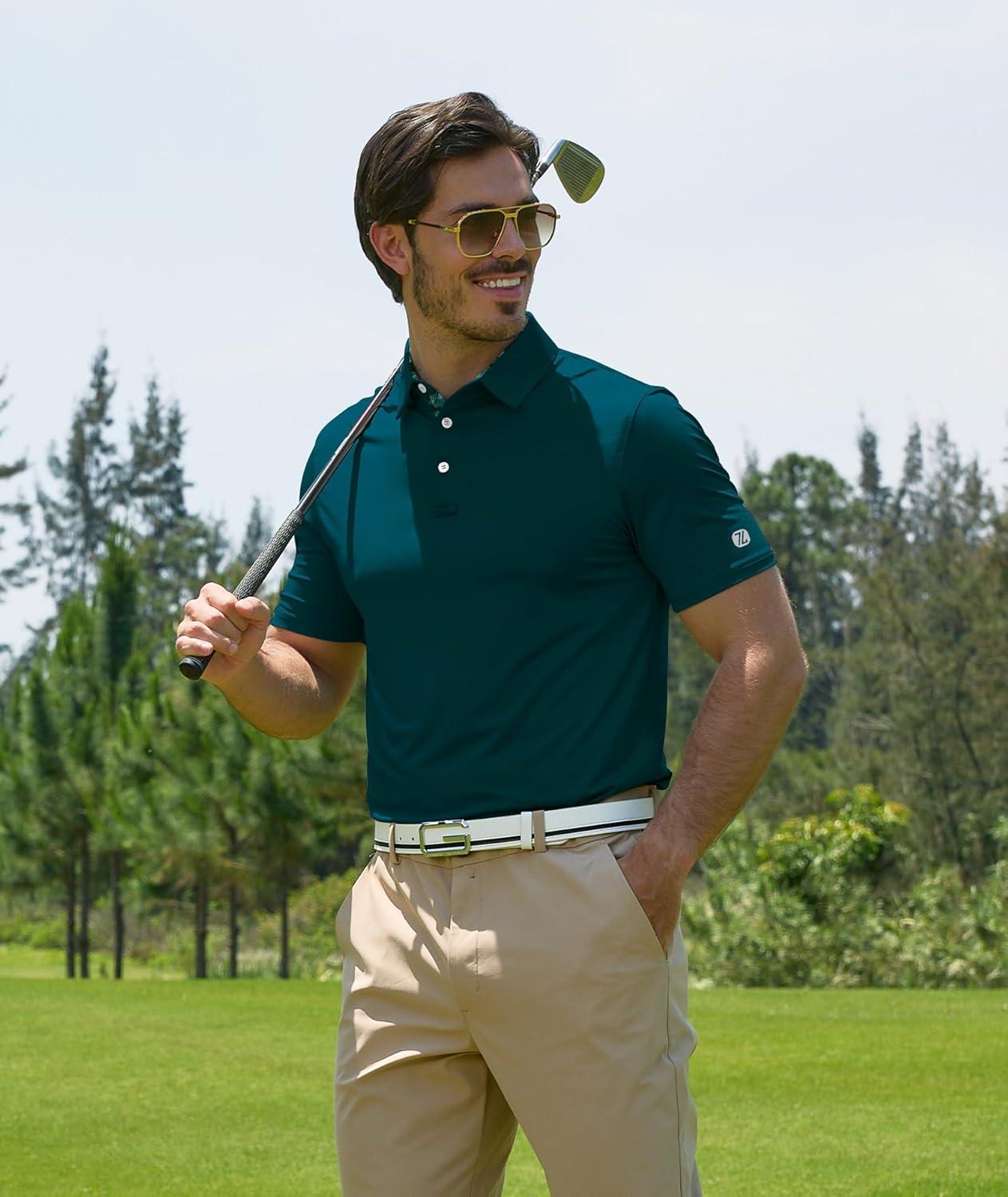 imageZITY Golf Shirts for Men Short Sleeve Moisture Wicking Solid Performance Designed Print Collared Casual Polo ShirtDark Teal Blue