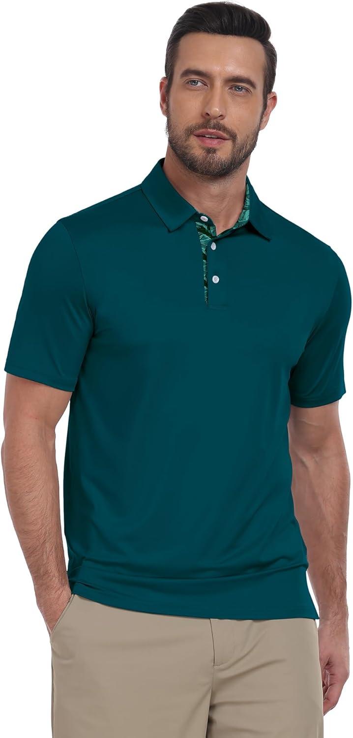 imageZITY Golf Shirts for Men Short Sleeve Moisture Wicking Solid Performance Designed Print Collared Casual Polo ShirtDark Teal Blue