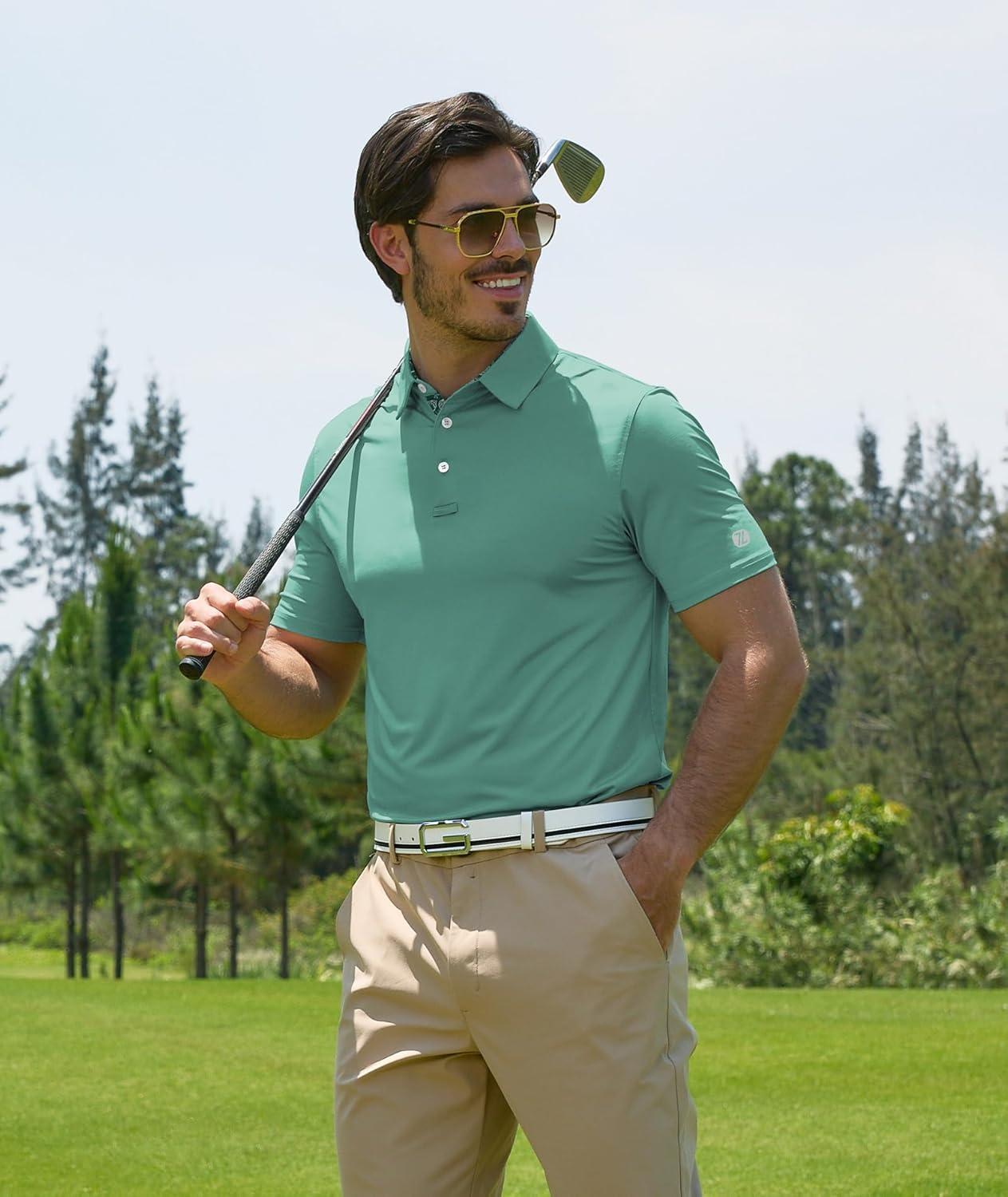 imageZITY Golf Shirts for Men Short Sleeve Moisture Wicking Solid Performance Designed Print Collared Casual Polo ShirtGreen