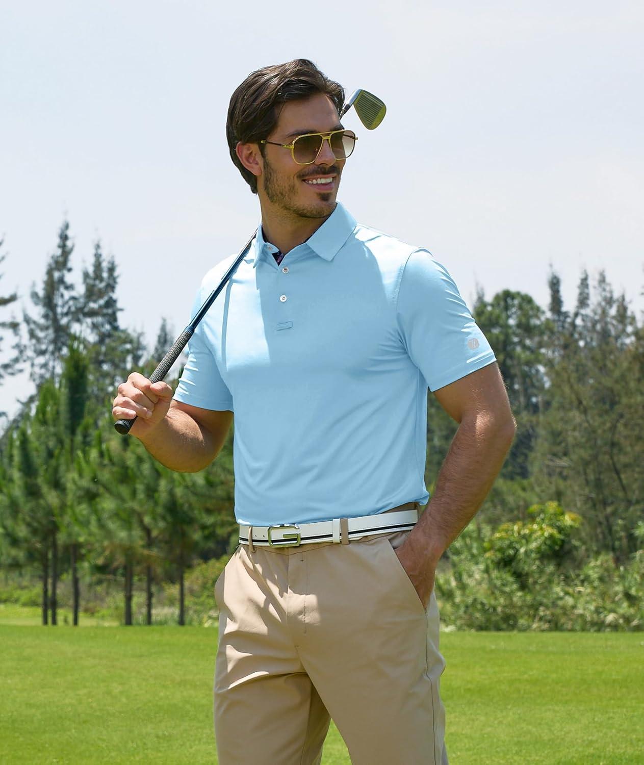 imageZITY Golf Shirts for Men Short Sleeve Moisture Wicking Solid Performance Designed Print Collared Casual Polo ShirtLight Blue