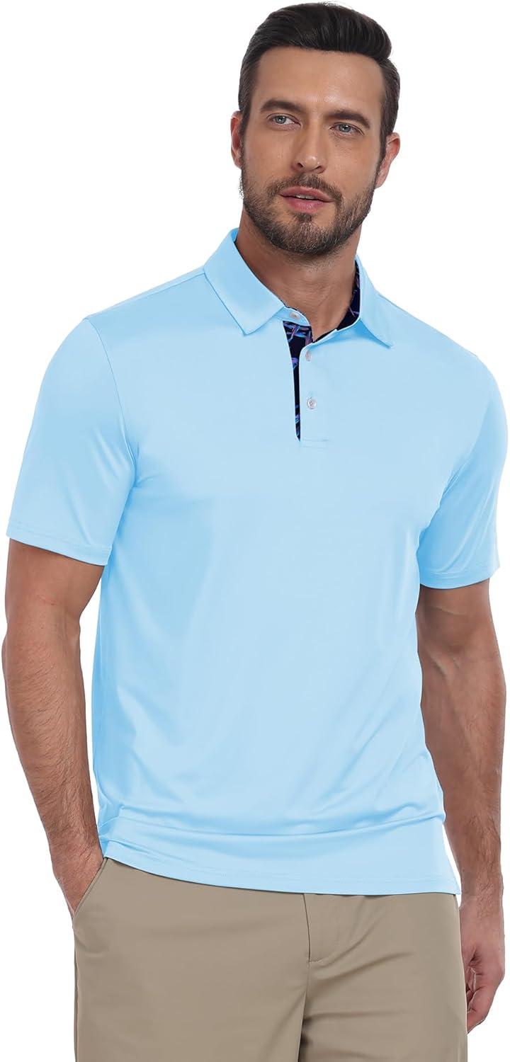 imageZITY Golf Shirts for Men Short Sleeve Moisture Wicking Solid Performance Designed Print Collared Casual Polo ShirtLight Blue