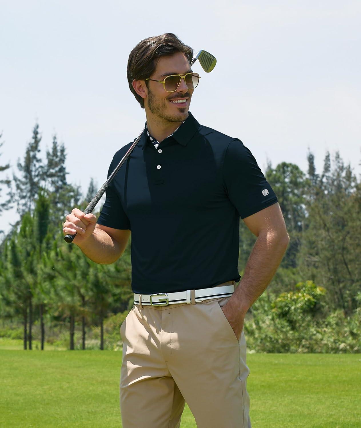 imageZITY Golf Shirts for Men Short Sleeve Moisture Wicking Solid Performance Designed Print Collared Casual Polo ShirtNavy