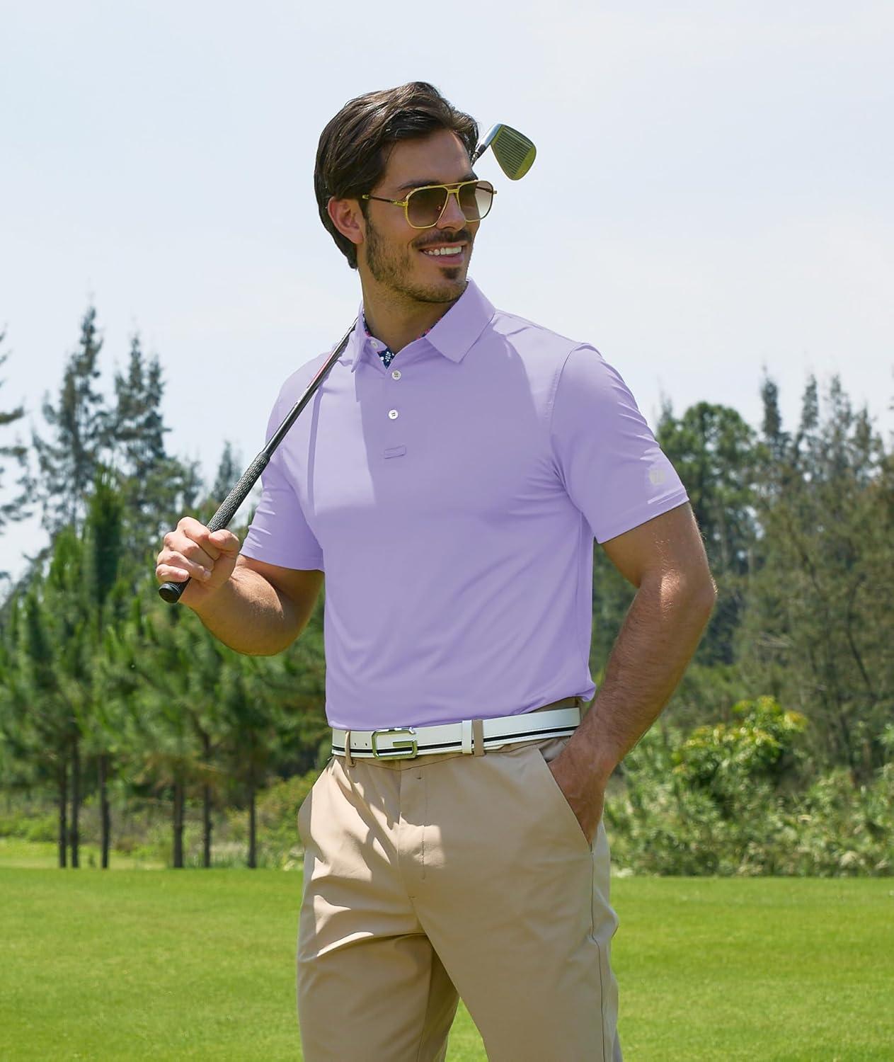 imageZITY Golf Shirts for Men Short Sleeve Moisture Wicking Solid Performance Designed Print Collared Casual Polo ShirtPurple