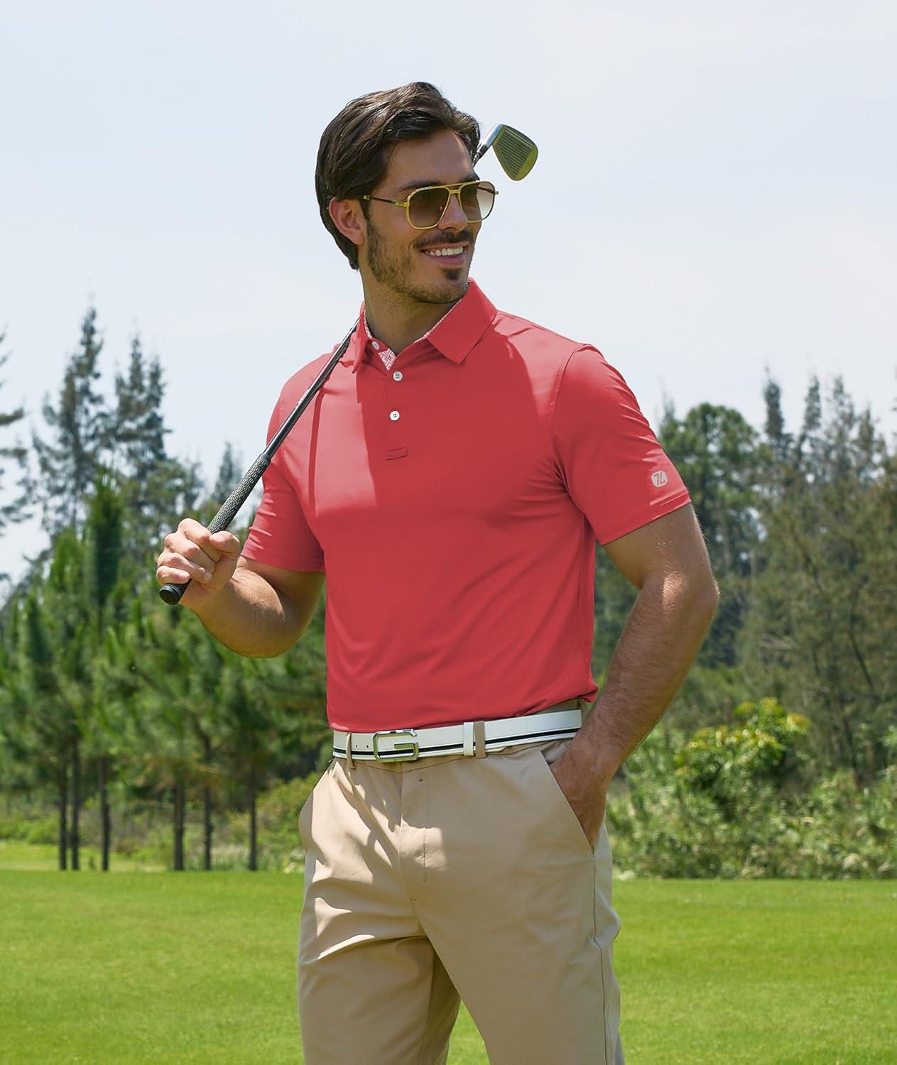 imageZITY Golf Shirts for Men Short Sleeve Moisture Wicking Solid Performance Designed Print Collared Casual Polo ShirtRose Red