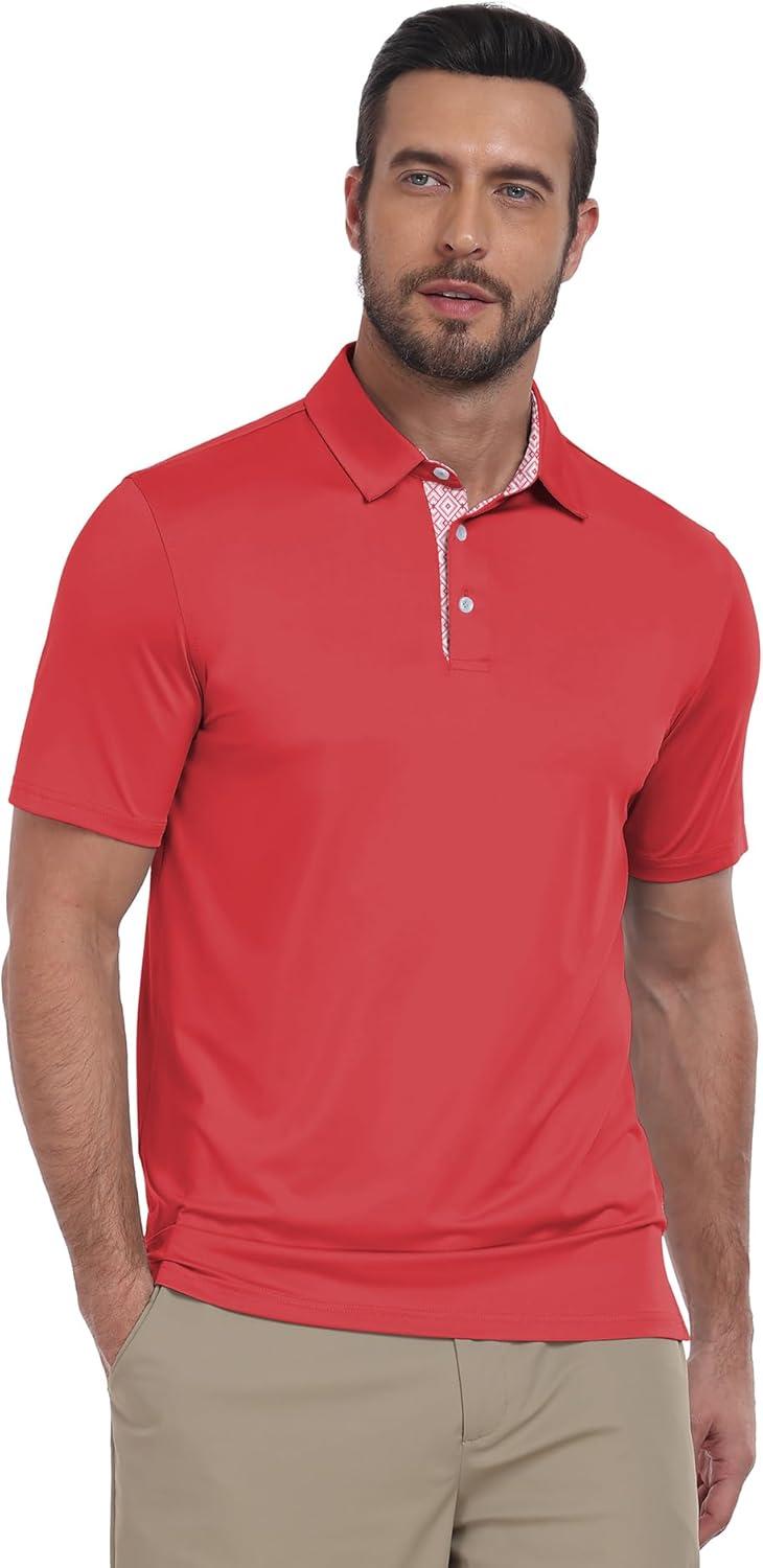 imageZITY Golf Shirts for Men Short Sleeve Moisture Wicking Solid Performance Designed Print Collared Casual Polo ShirtRose Red