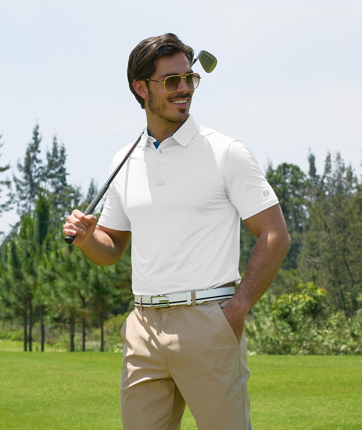 imageZITY Golf Shirts for Men Short Sleeve Moisture Wicking Solid Performance Designed Print Collared Casual Polo ShirtWhite