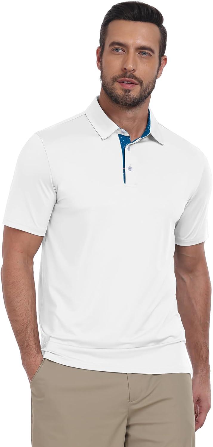 imageZITY Golf Shirts for Men Short Sleeve Moisture Wicking Solid Performance Designed Print Collared Casual Polo ShirtWhite