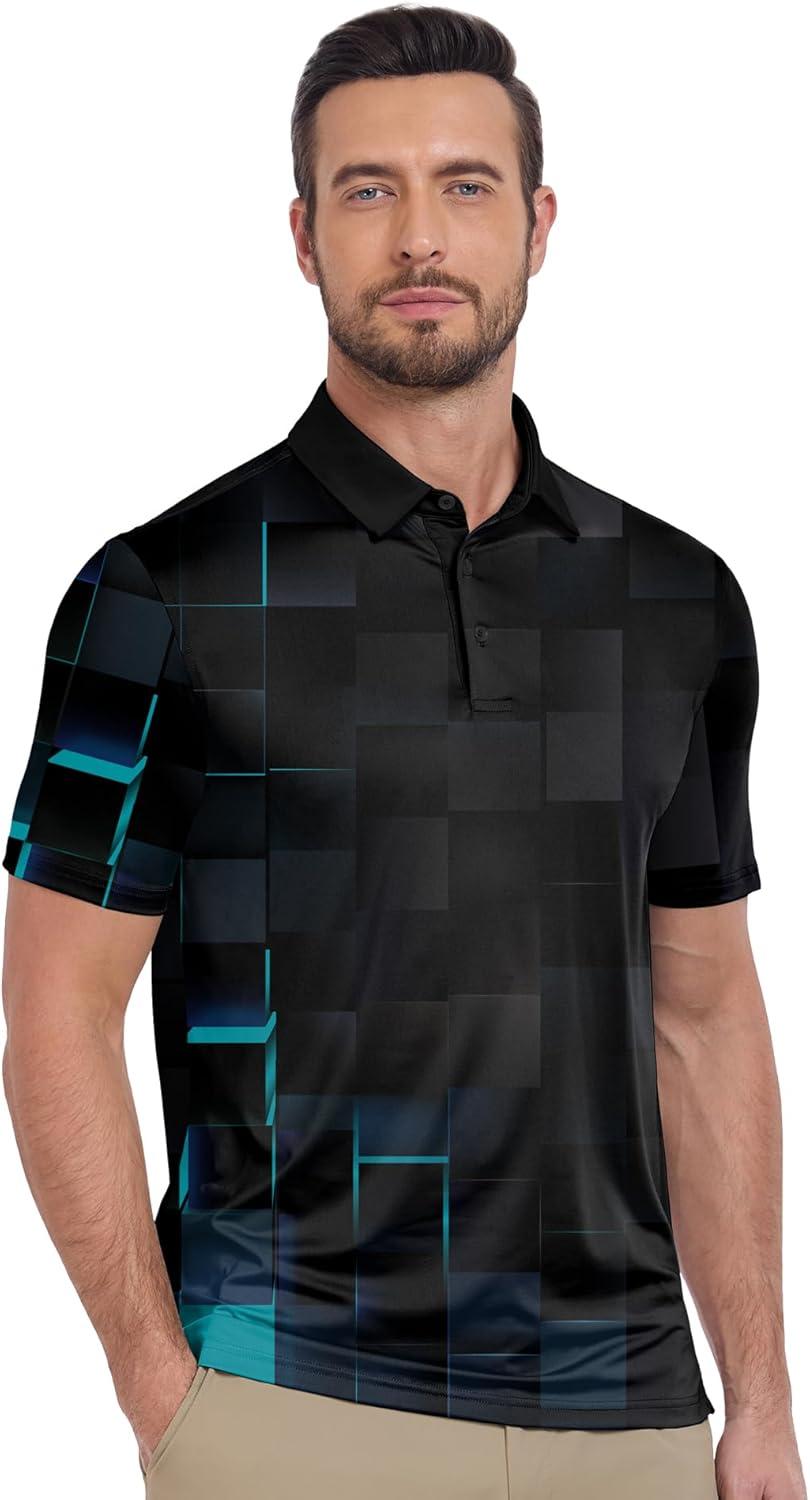 imageZITY Golf Shirts for Men Short Sleeve Print Polo Shirt Moisture Wicking Regular Fit Casual Beach PoloBlack Geometry