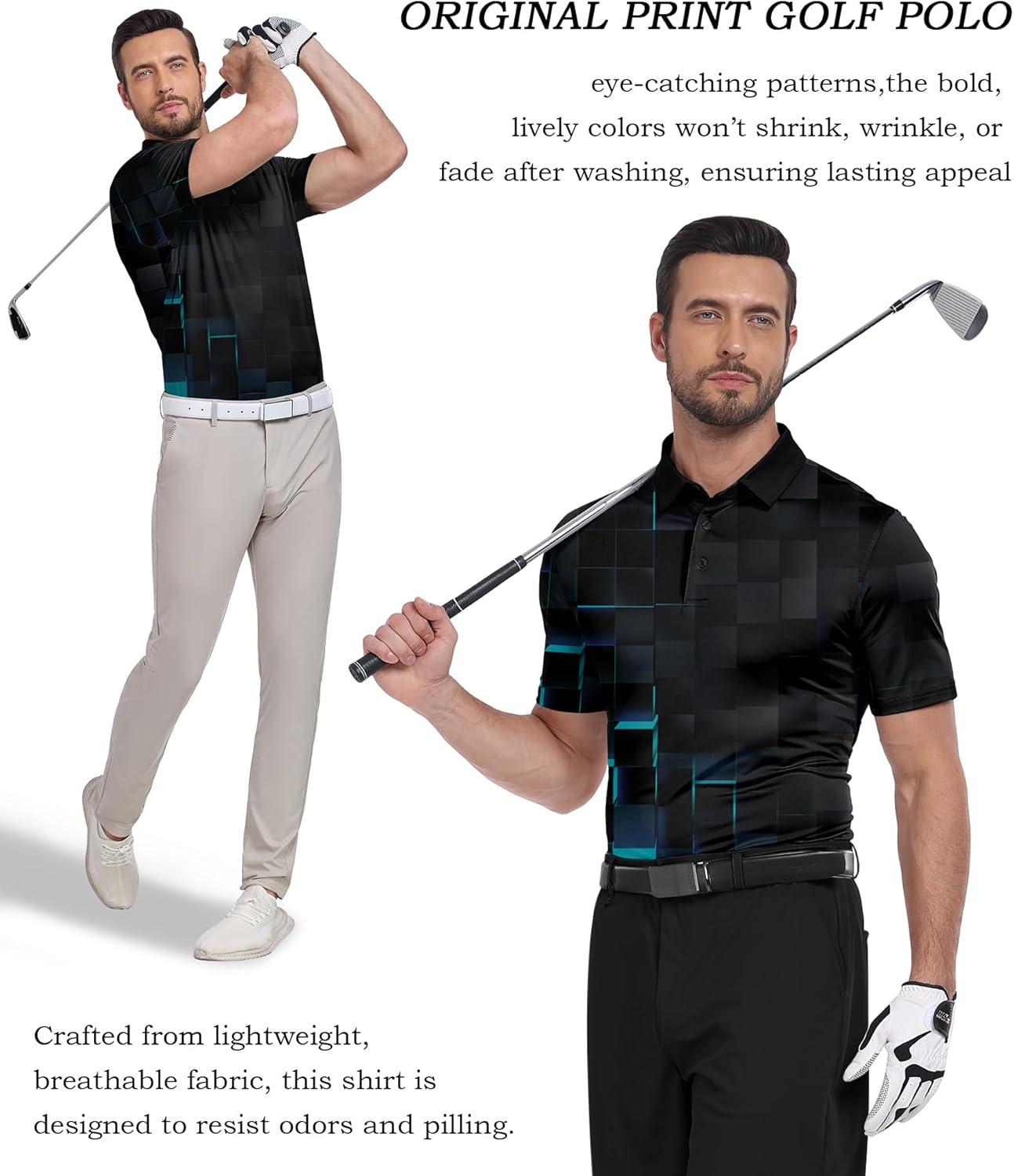imageZITY Golf Shirts for Men Short Sleeve Print Polo Shirt Moisture Wicking Regular Fit Casual Beach PoloBlack Geometry